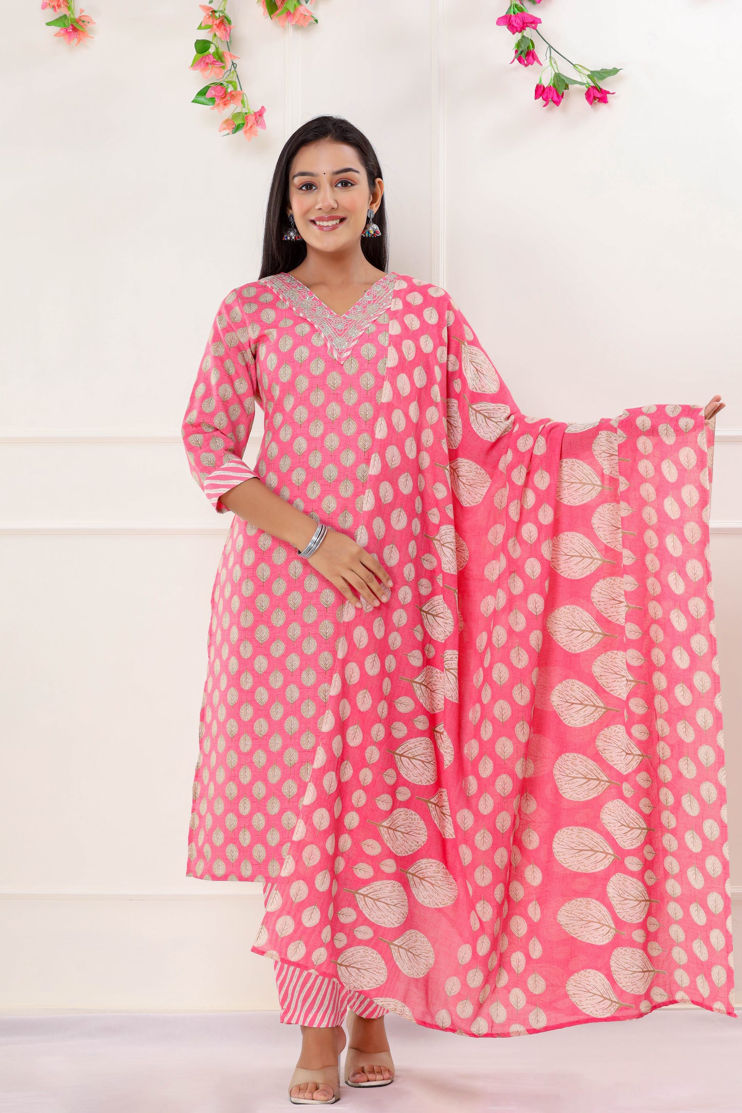 PUKHYA PINK PRINTED EMBROIDERED STRAIGHT FIT KURTA WITH PANT AND VOILE PRINTED DUPATTA