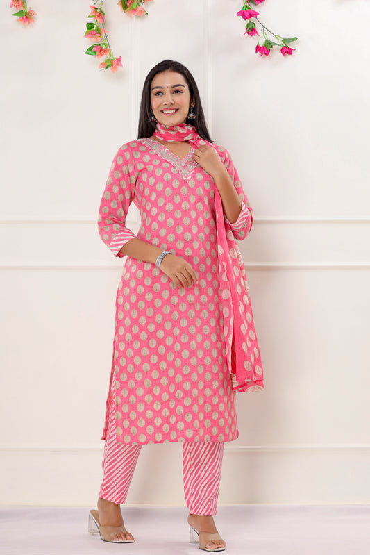 PUKHYA PINK PRINTED EMBROIDERED STRAIGHT FIT KURTA WITH PANT AND VOILE PRINTED DUPATTA