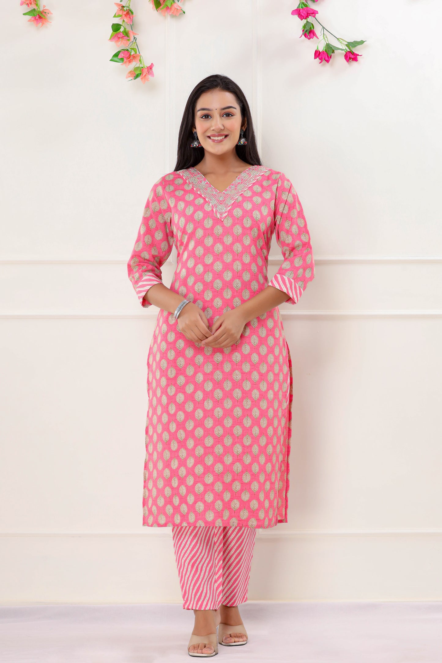 PUKHYA PINK PRINTED EMBROIDERED STRAIGHT FIT KURTA WITH PANT AND VOILE PRINTED DUPATTA