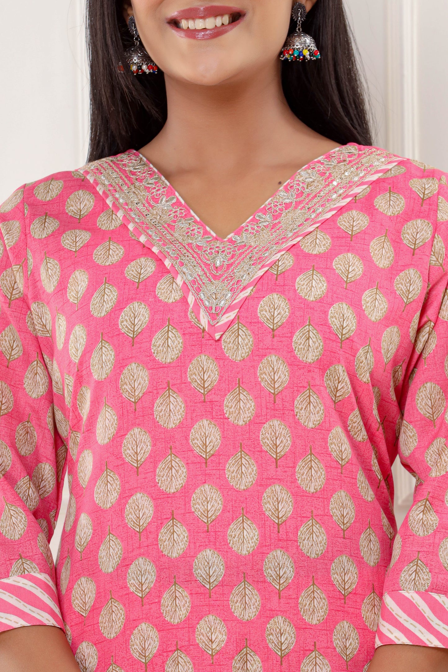 PUKHYA PINK PRINTED EMBROIDERED STRAIGHT FIT KURTA WITH PANT AND VOILE PRINTED DUPATTA