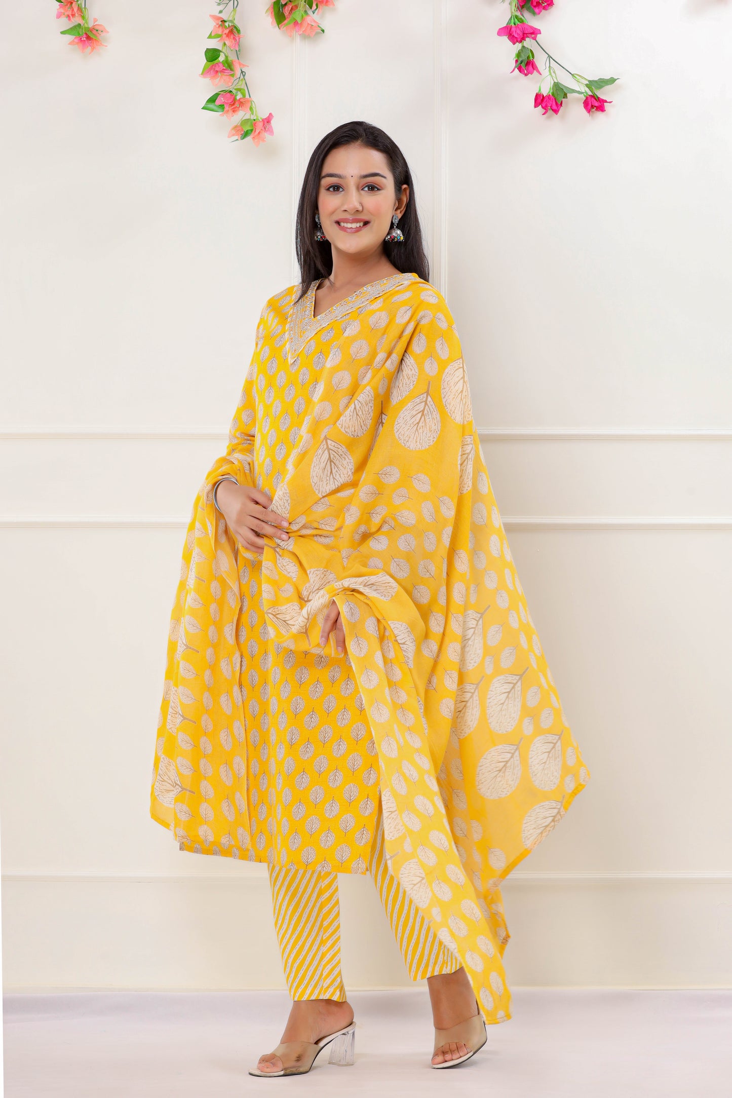 PUKHYA YELLOW PRINTED EMBROIDERED STRAIGHT FIT KURTA WITH PANT AND VOILE PRINTED DUPATTA