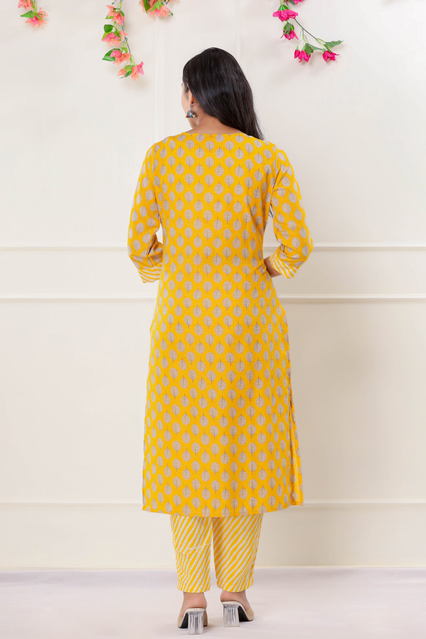 PUKHYA YELLOW PRINTED EMBROIDERED STRAIGHT FIT KURTA WITH PANT AND VOILE PRINTED DUPATTA