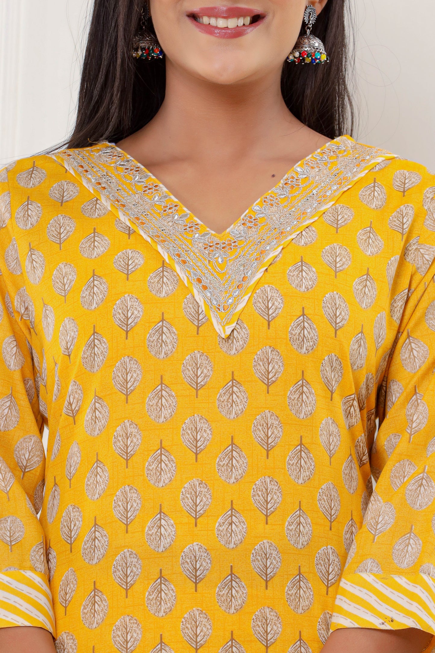 PUKHYA YELLOW PRINTED EMBROIDERED STRAIGHT FIT KURTA WITH PANT AND VOILE PRINTED DUPATTA