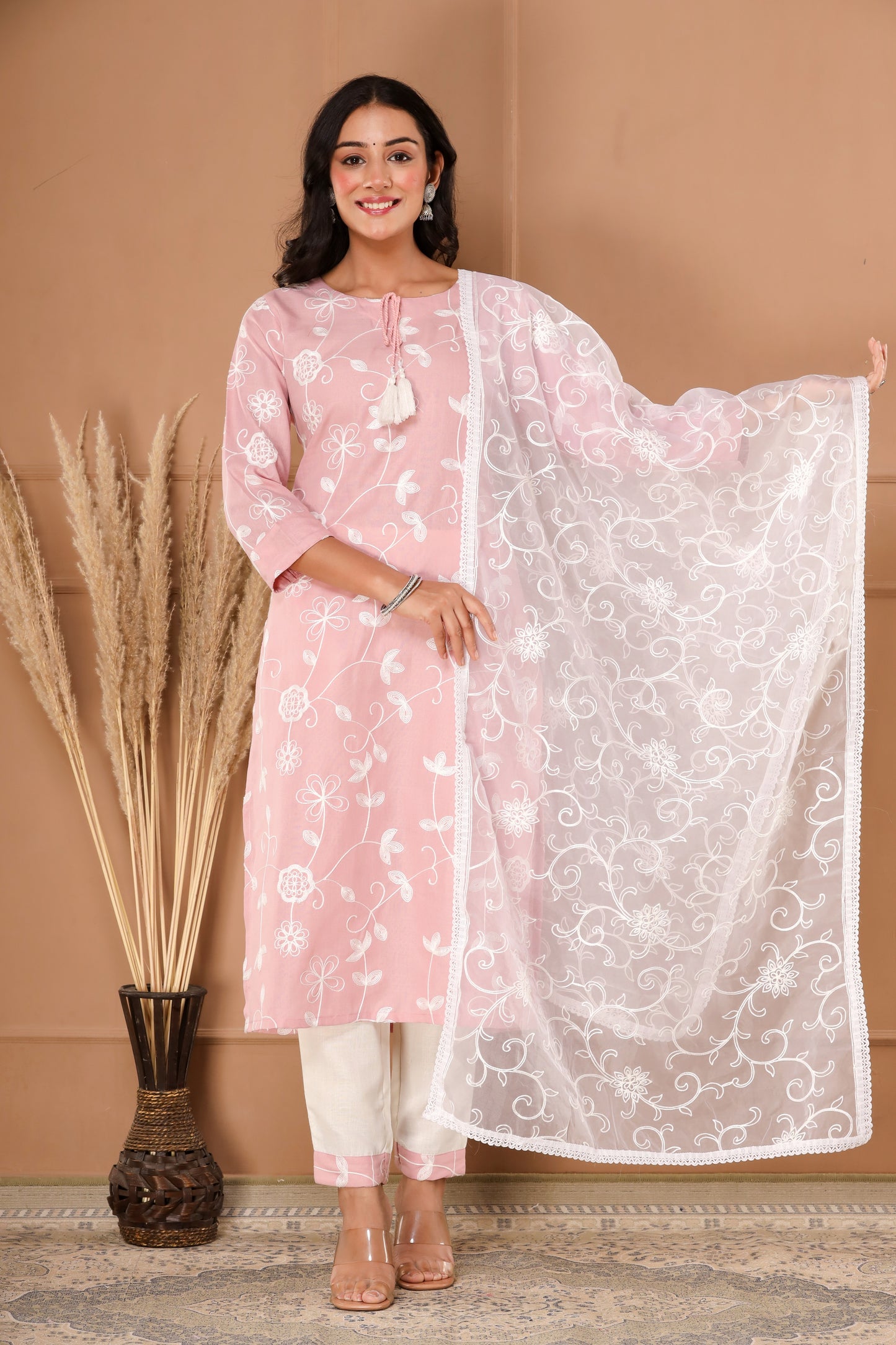 PUKHYA PINK EMBROIDERED STRAIGHT FIT KURTA WITH PANT & ORGANZA EMBROIDERED DUPATTA