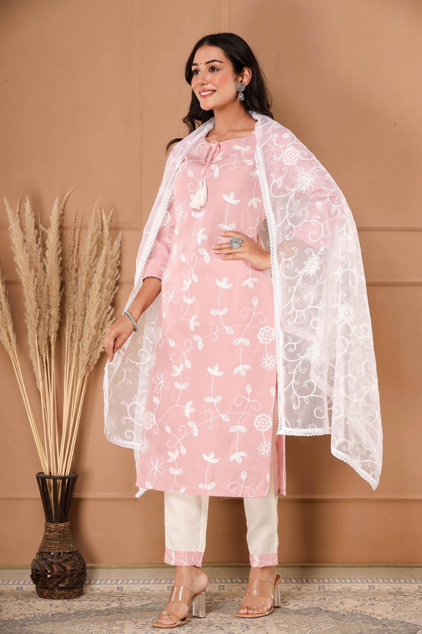 PUKHYA PINK EMBROIDERED STRAIGHT FIT KURTA WITH PANT & ORGANZA EMBROIDERED DUPATTA