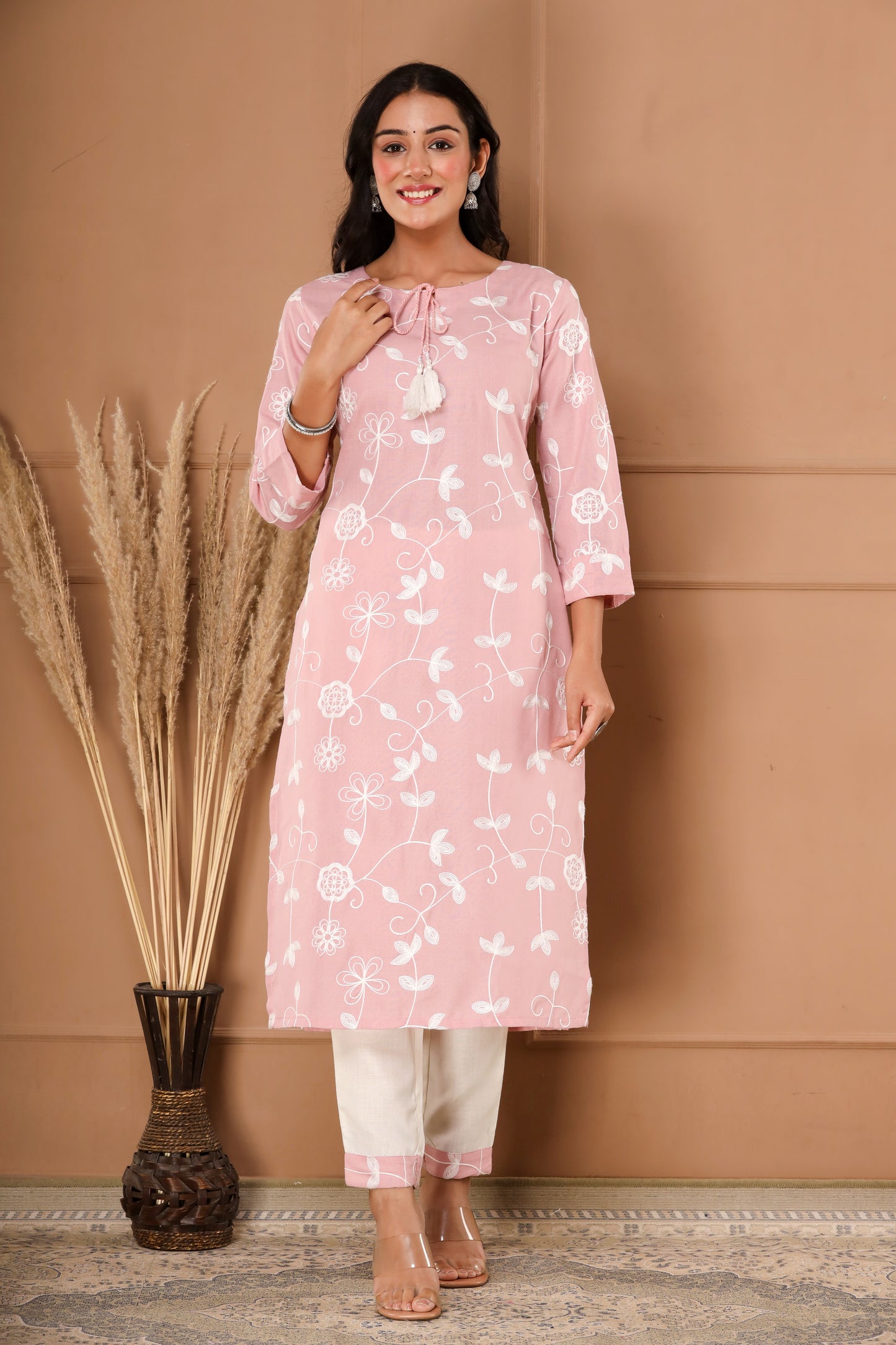 PUKHYA PINK EMBROIDERED STRAIGHT FIT KURTA WITH PANT & ORGANZA EMBROIDERED DUPATTA