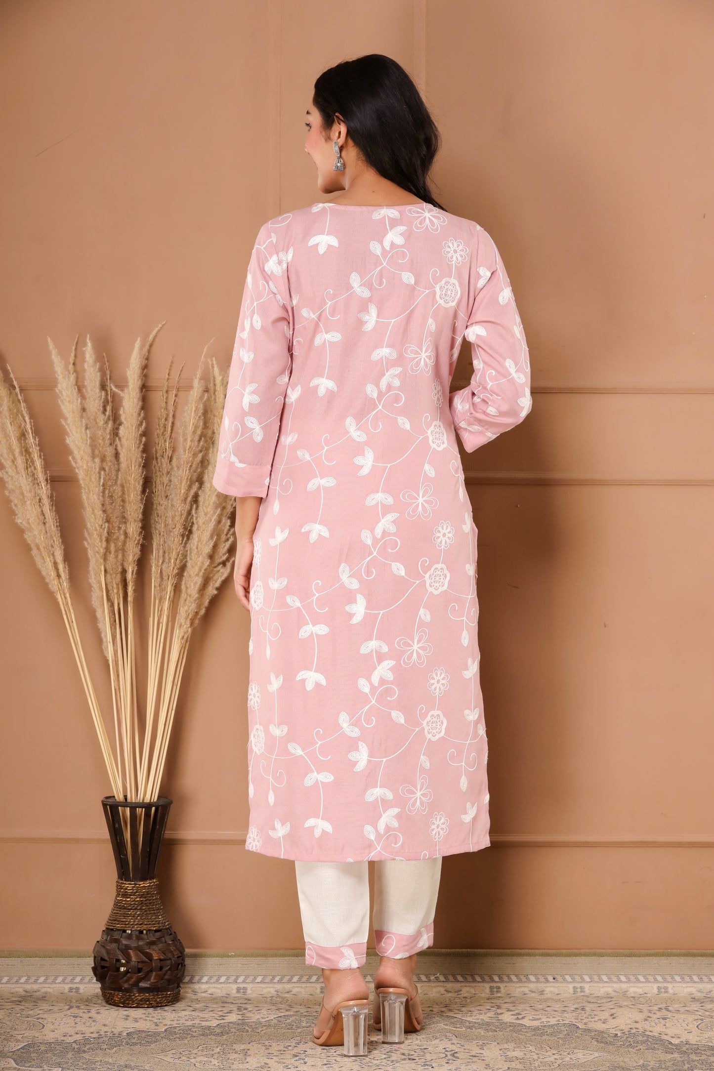 PUKHYA PINK EMBROIDERED STRAIGHT FIT KURTA WITH PANT & ORGANZA EMBROIDERED DUPATTA