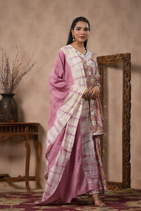 PUKHYA ONION PINK PRINTED EMBROIDERED PEPLUM KURTA WITH SHARARA  & CHANDERI  DUPPATA