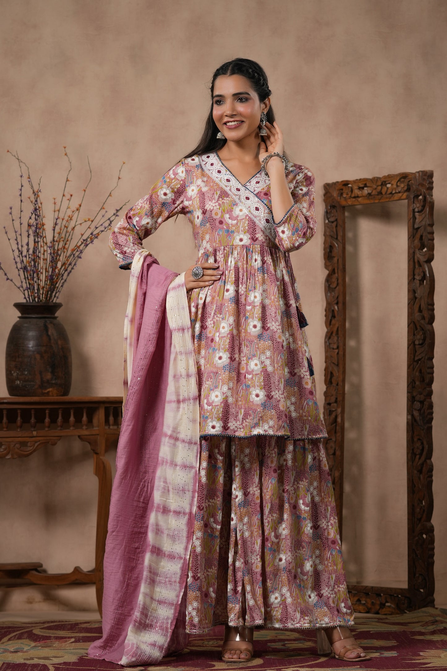 PUKHYA ONION PINK PRINTED EMBROIDERED PEPLUM KURTA WITH SHARARA  & CHANDERI  DUPPATA