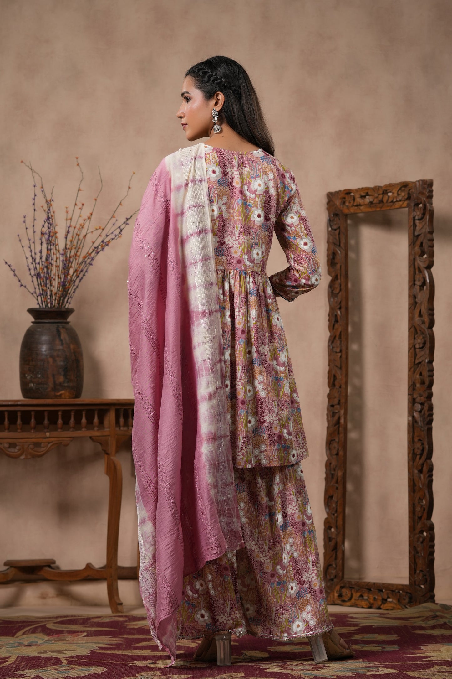 PUKHYA ONION PINK PRINTED EMBROIDERED PEPLUM KURTA WITH SHARARA  & CHANDERI  DUPPATA