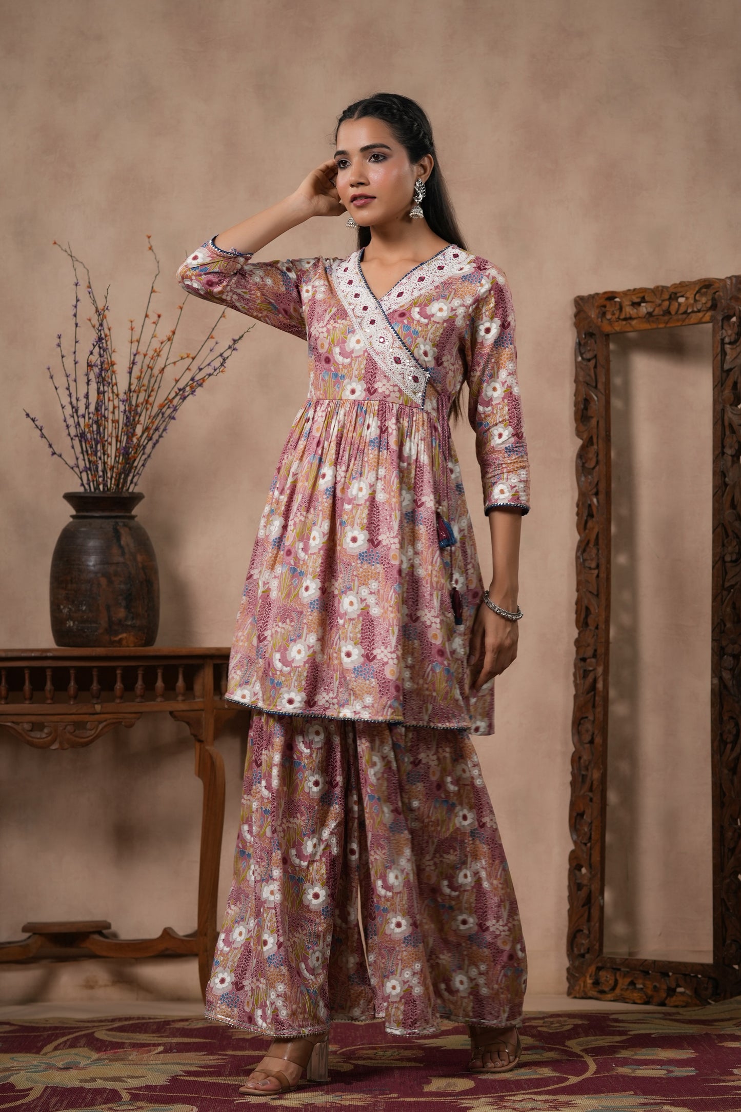 PUKHYA ONION PINK PRINTED EMBROIDERED PEPLUM KURTA WITH SHARARA  & CHANDERI  DUPPATA