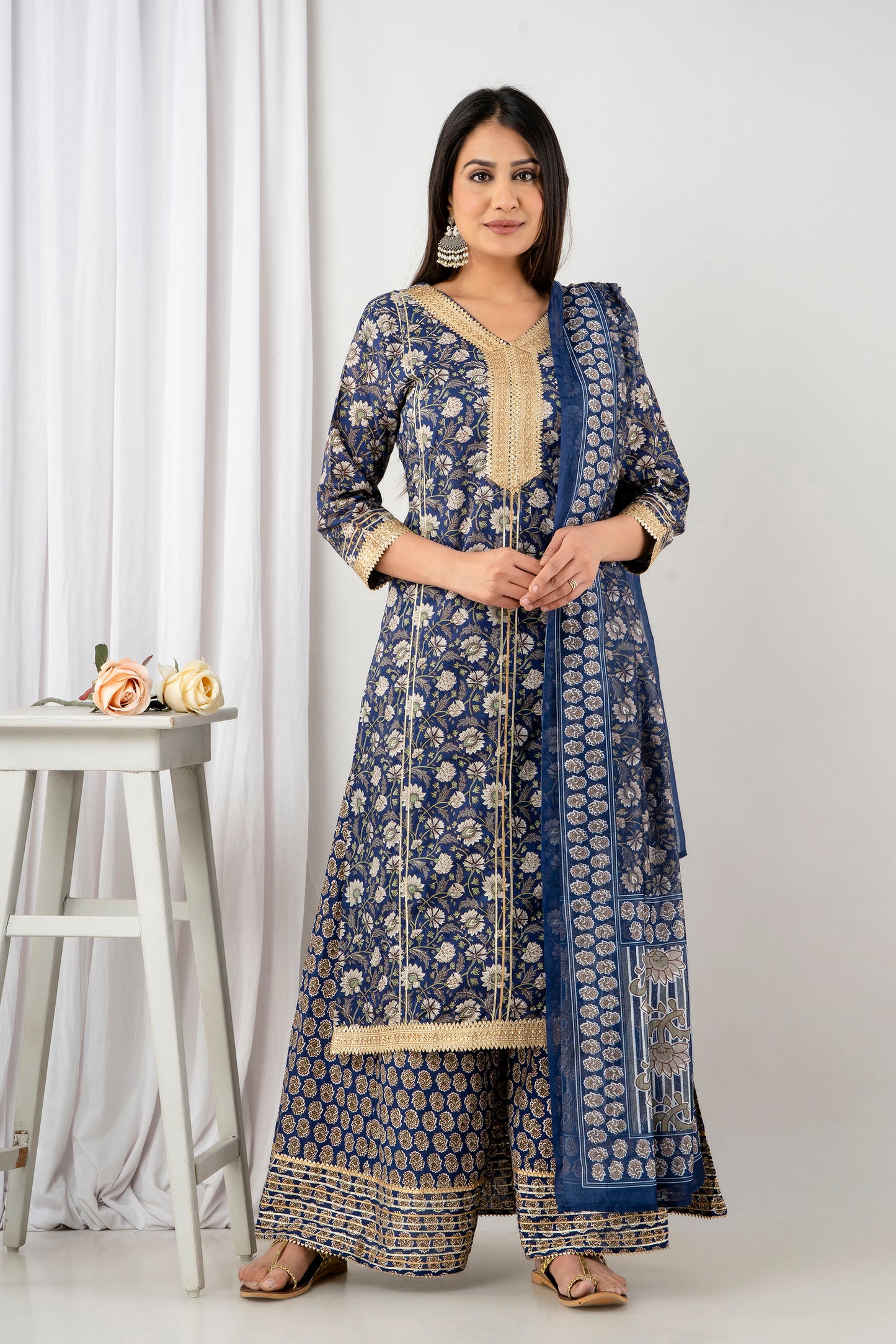 PUKHYA BLUE PRINTED STRAIGHT FIT KURTA WITH PALAZZO & CHANDERI PRINTED DUPATTA