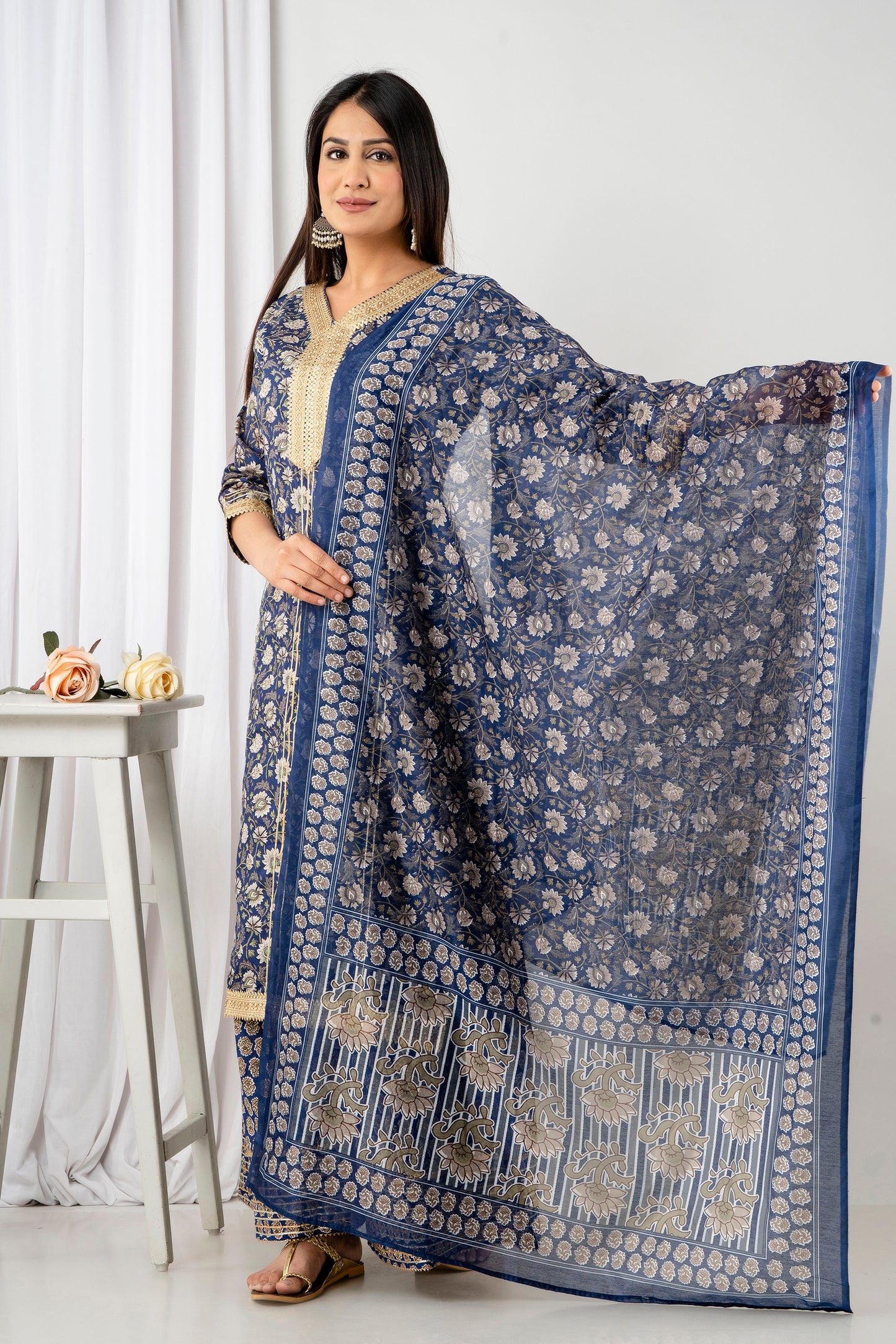 PUKHYA BLUE PRINTED STRAIGHT FIT KURTA WITH PALAZZO & CHANDERI PRINTED DUPATTA