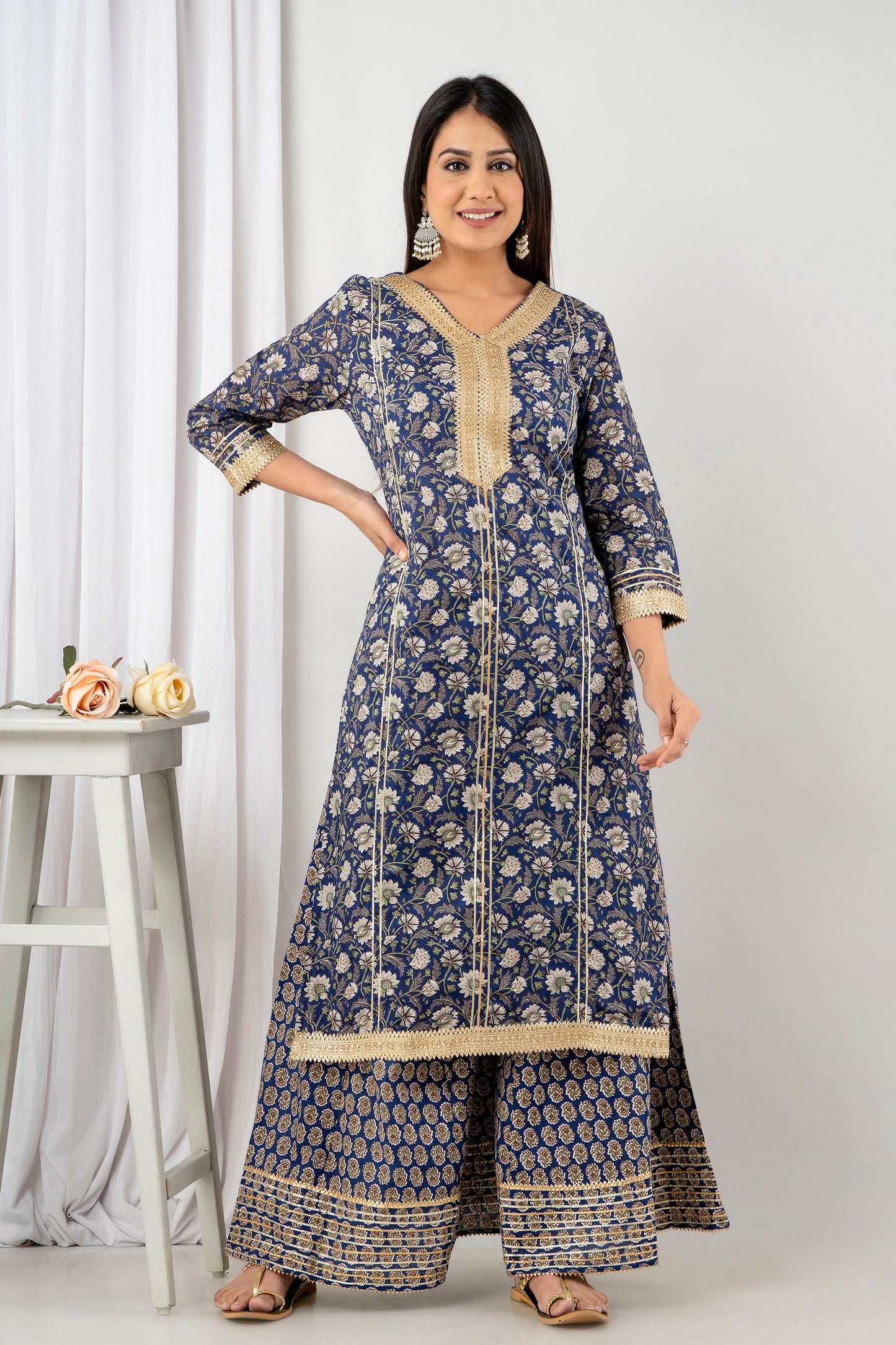 PUKHYA BLUE PRINTED STRAIGHT FIT KURTA WITH PALAZZO & CHANDERI PRINTED DUPATTA