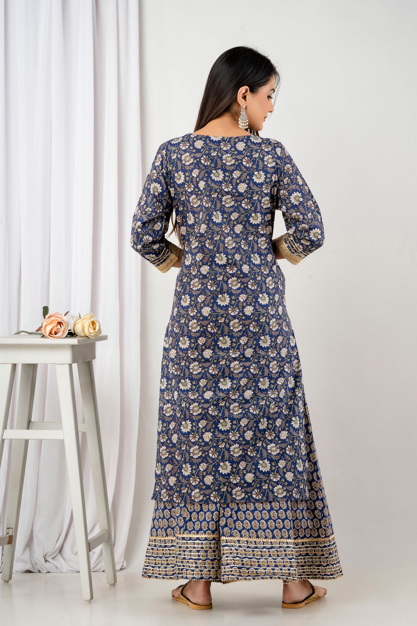 PUKHYA BLUE PRINTED STRAIGHT FIT KURTA WITH PALAZZO & CHANDERI PRINTED DUPATTA