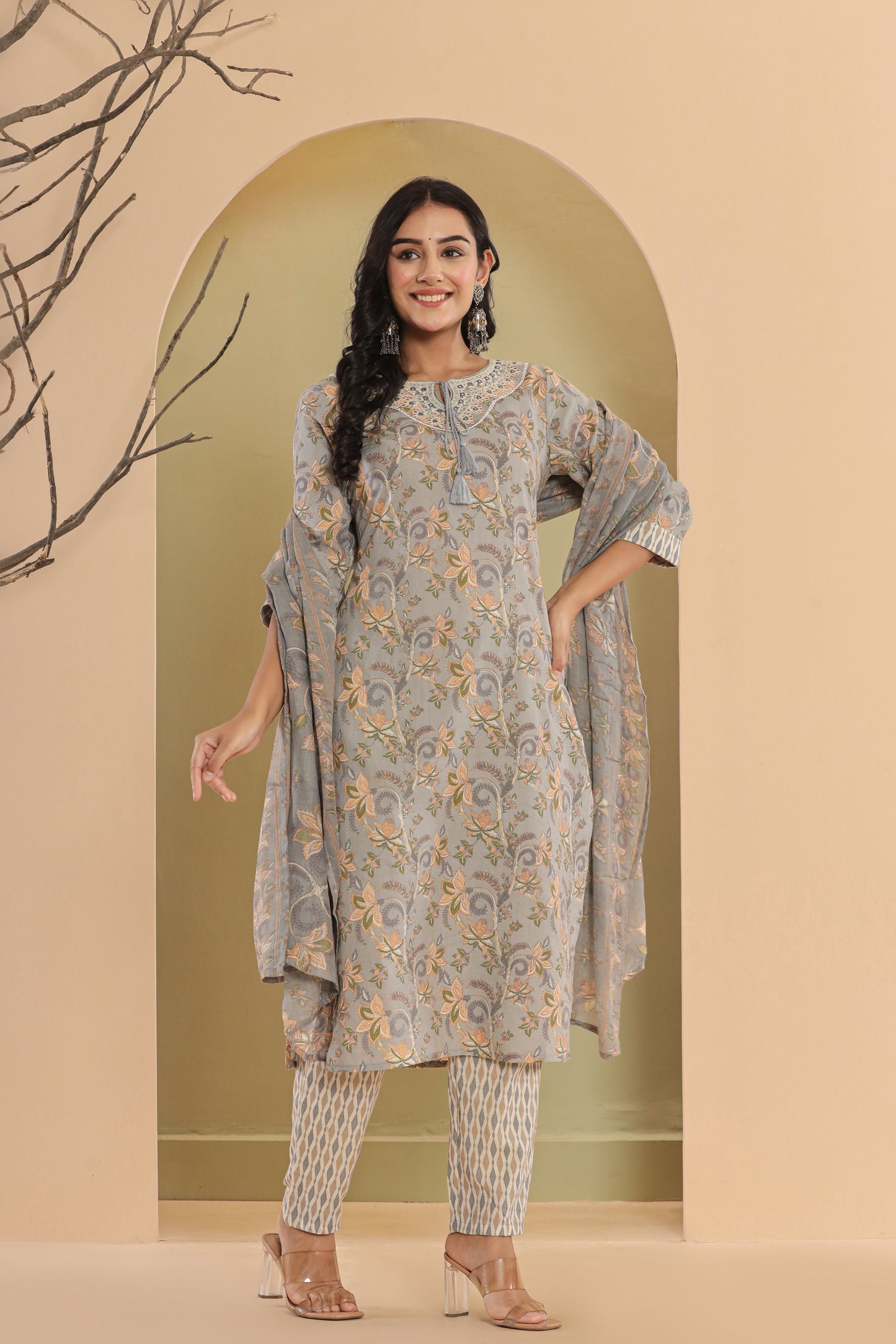 PUKHYA GREY PRINTED EMBROIDERED STRAIGHT FIT KURTA WITH PANT AND VOILE PRINTED DUPATTA