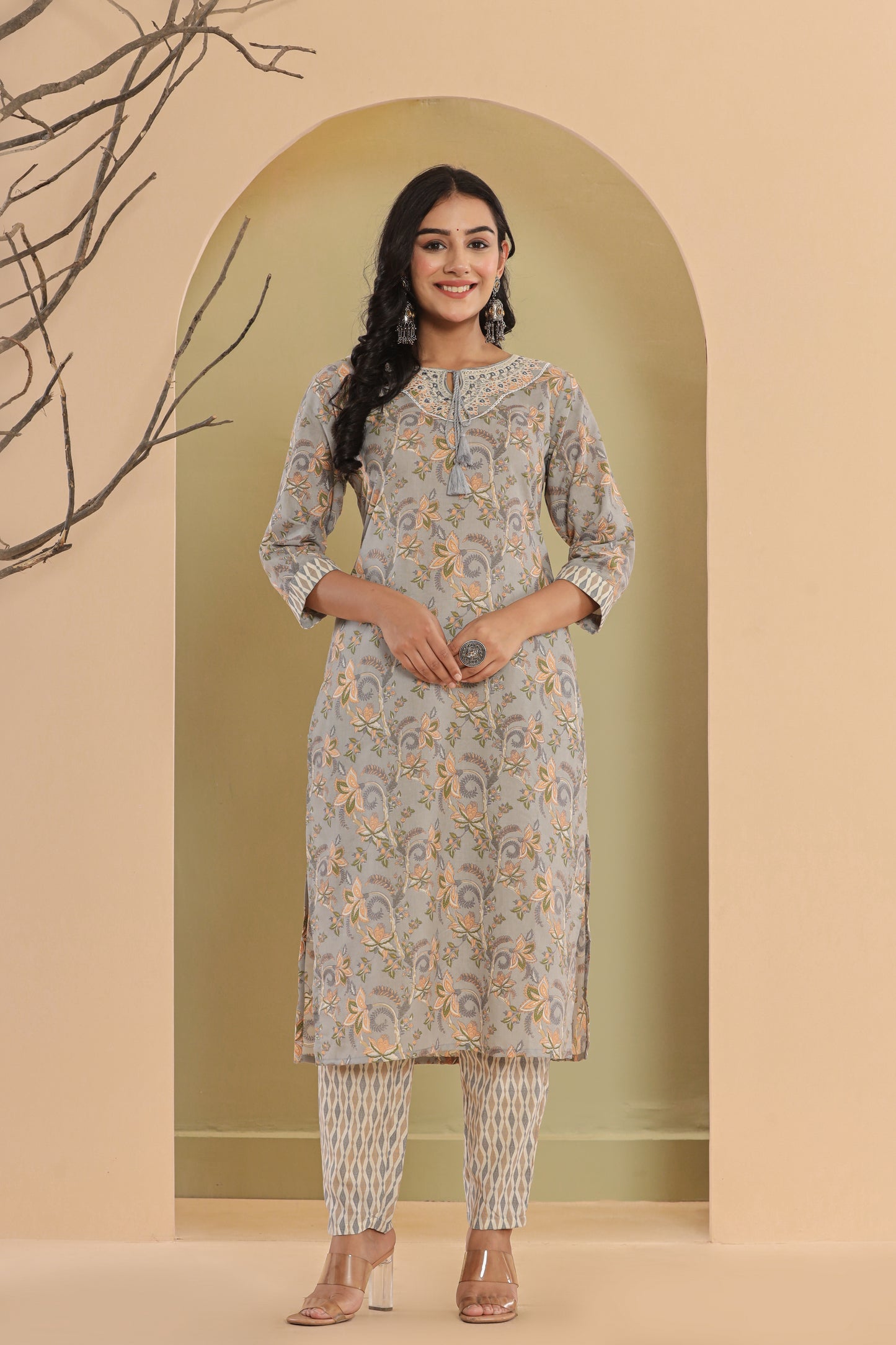 PUKHYA GREY PRINTED EMBROIDERED STRAIGHT FIT KURTA WITH PANT AND VOILE PRINTED DUPATTA