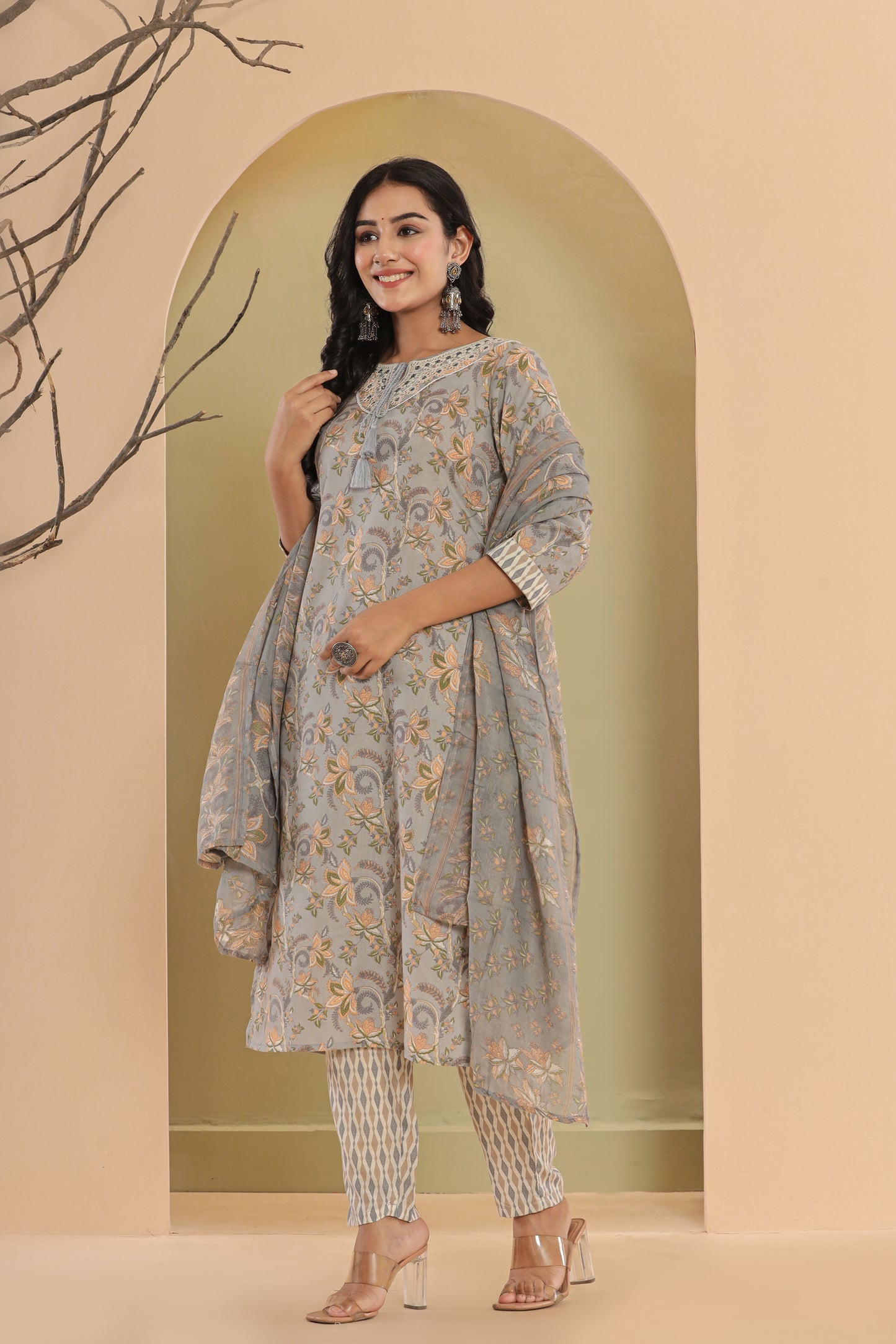 PUKHYA GREY PRINTED EMBROIDERED STRAIGHT FIT KURTA WITH PANT AND VOILE PRINTED DUPATTA