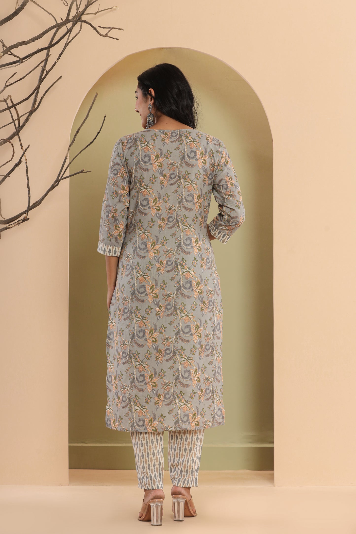 PUKHYA GREY PRINTED EMBROIDERED STRAIGHT FIT KURTA WITH PANT AND VOILE PRINTED DUPATTA