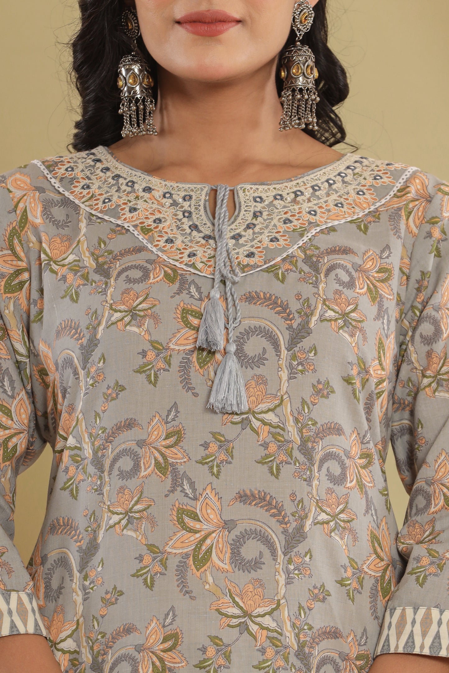 PUKHYA GREY PRINTED EMBROIDERED STRAIGHT FIT KURTA WITH PANT AND VOILE PRINTED DUPATTA