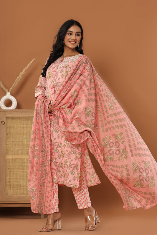 PUKHYA PINK PRINTED EMBROIDERED STRAIGHT FIT KURTA WITH PANT AND VOILE PRINTED DUPPATA