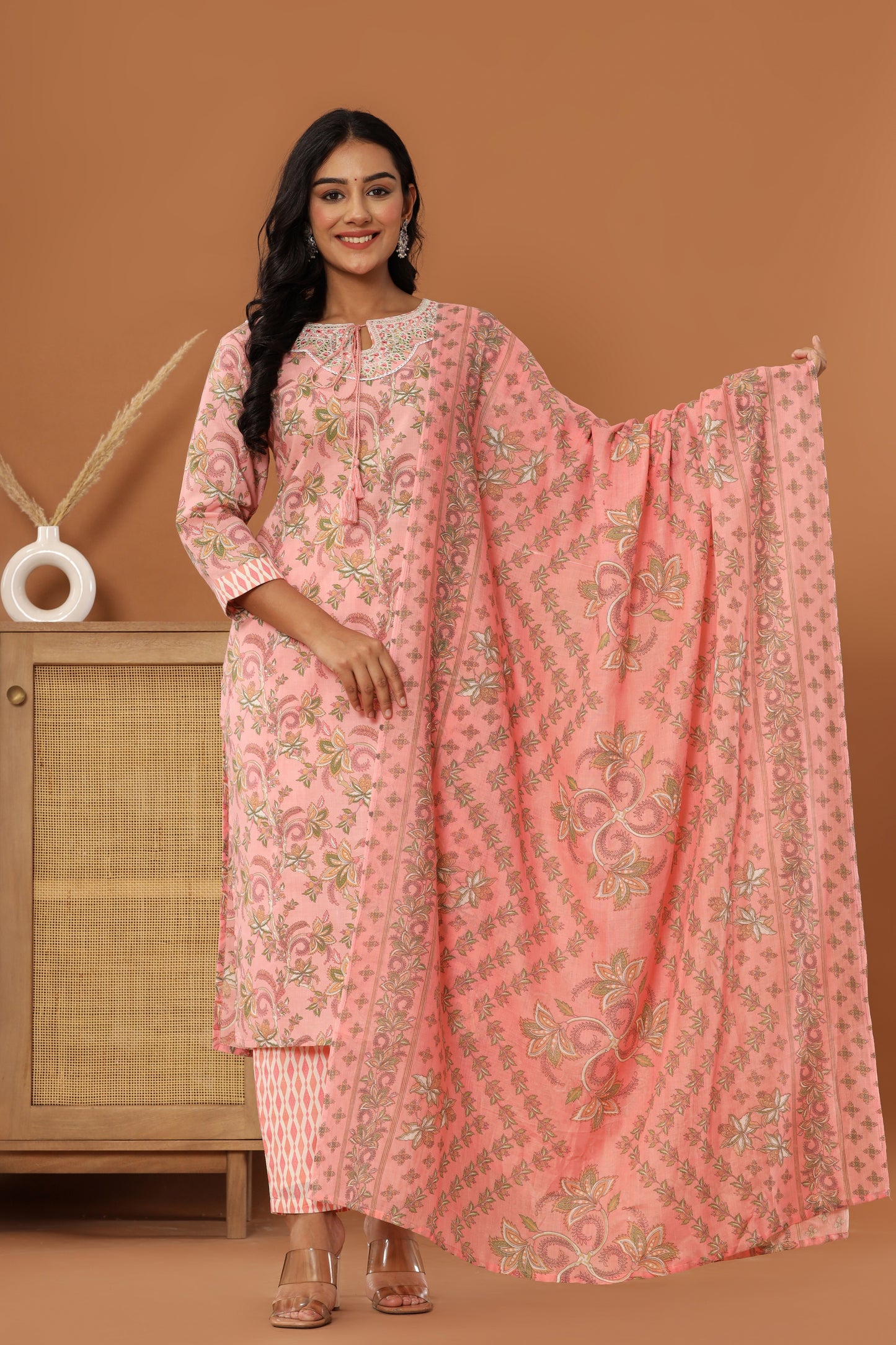 PUKHYA PINK PRINTED EMBROIDERED STRAIGHT FIT KURTA WITH PANT AND VOILE PRINTED DUPPATA