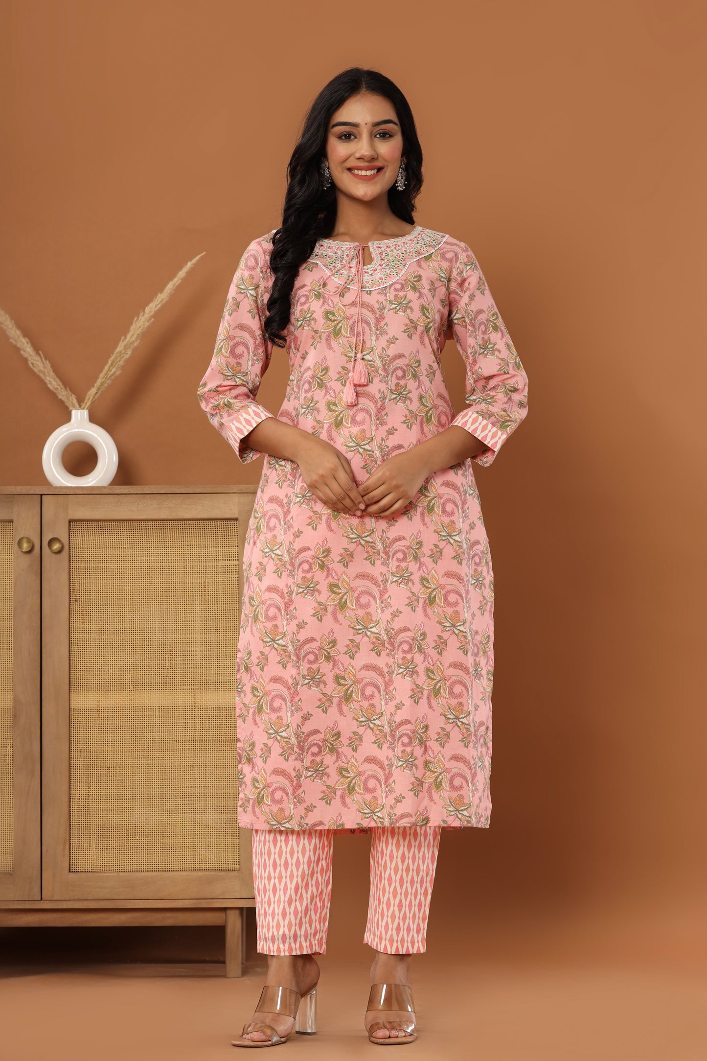 PUKHYA PINK PRINTED EMBROIDERED STRAIGHT FIT KURTA WITH PANT AND VOILE PRINTED DUPPATA