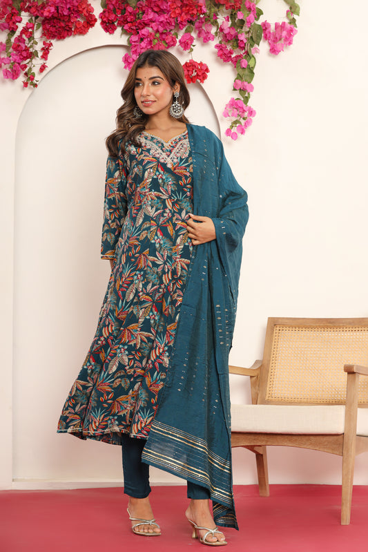 PUKHYA BLUE PRINTED EMBROIDERED FLARED KURTA WITH PANT AND CHANDERI DUPATTA