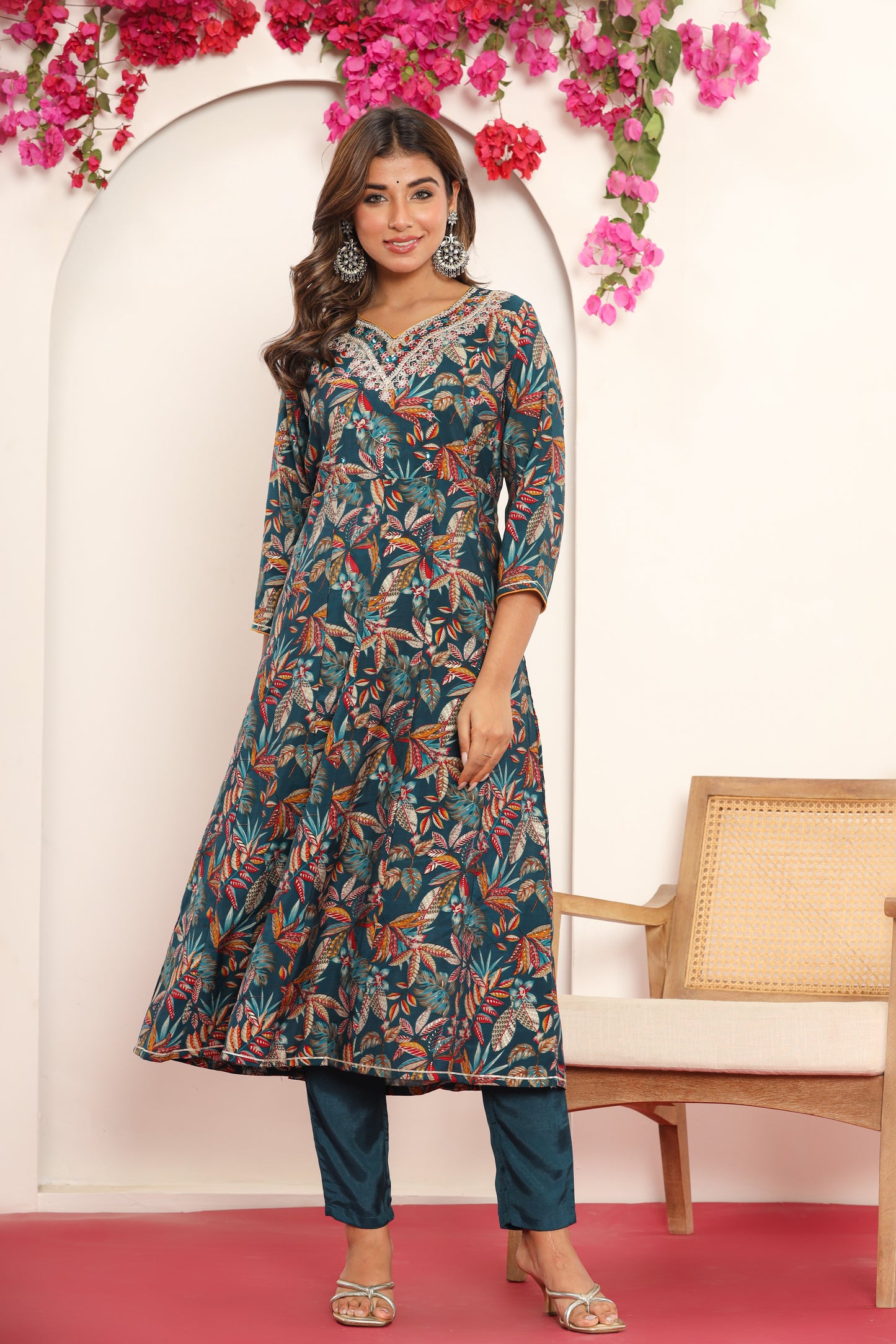 PUKHYA BLUE PRINTED EMBROIDERED FLARED KURTA WITH PANT AND CHANDERI DUPATTA