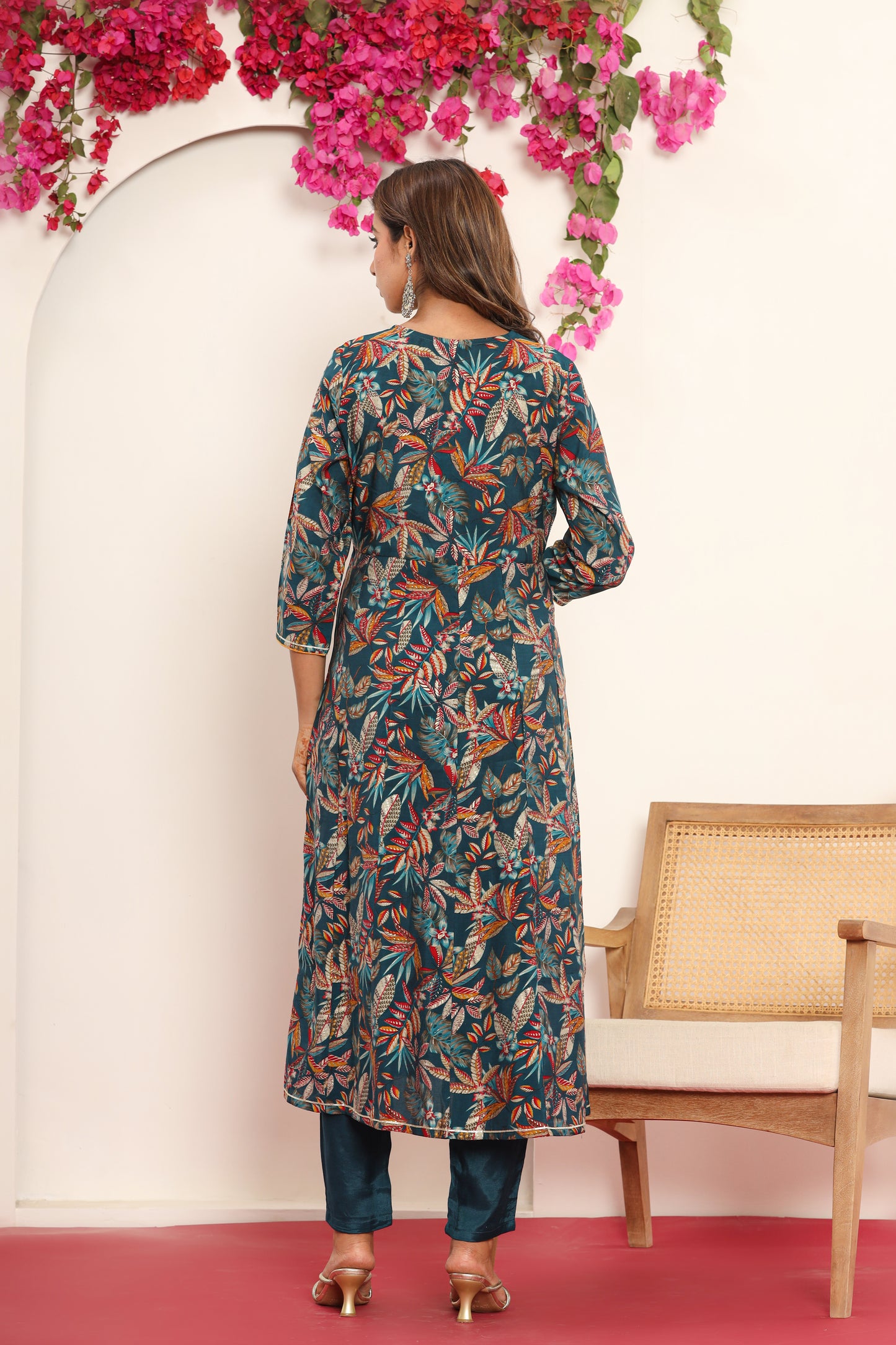 PUKHYA BLUE PRINTED EMBROIDERED FLARED KURTA WITH PANT AND CHANDERI DUPATTA