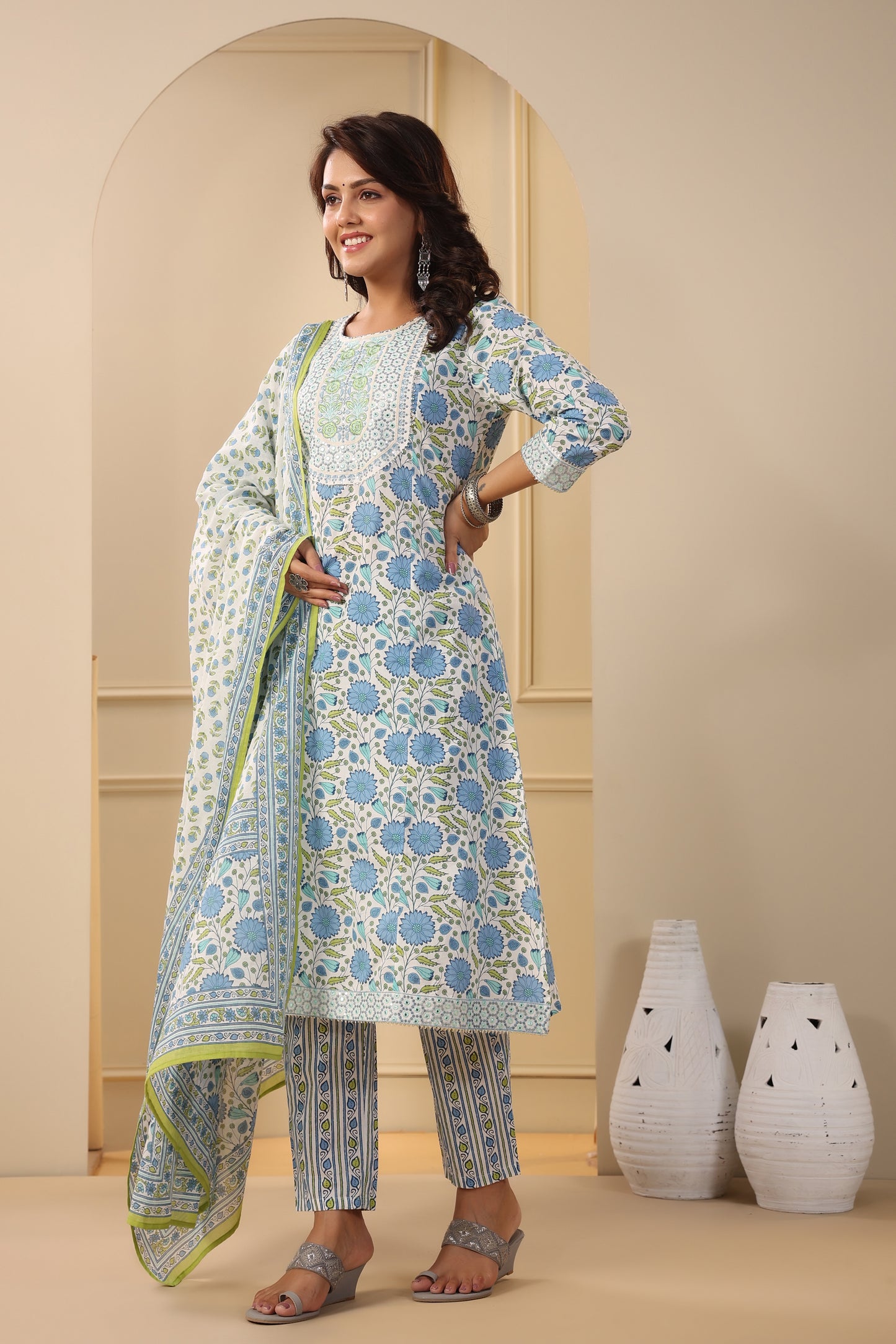 PUKHYA BLUE PRINTED EMBROIDERED STRAIGHT FIT KURTA WITH PANT AND VOILE PRINTED DUPATTA