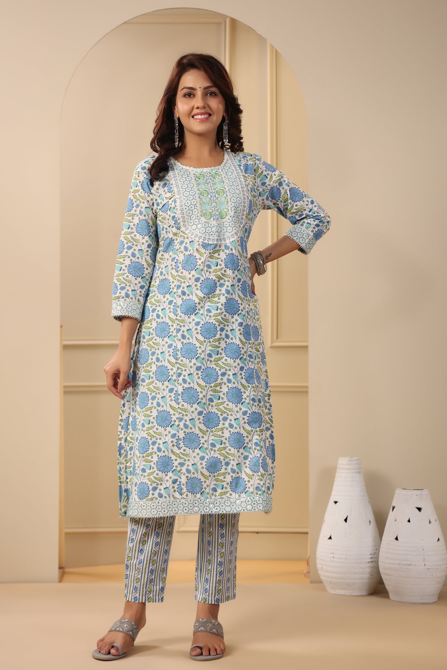 PUKHYA BLUE PRINTED EMBROIDERED STRAIGHT FIT KURTA WITH PANT AND VOILE PRINTED DUPATTA