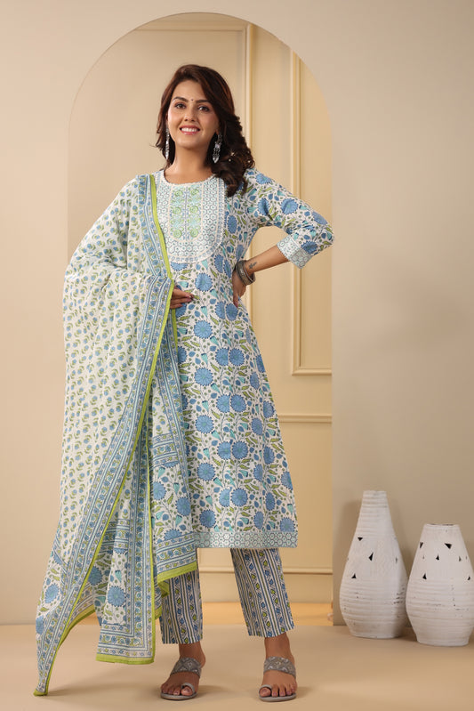 PUKHYA BLUE PRINTED EMBROIDERED STRAIGHT FIT KURTA WITH PANT AND VOILE PRINTED DUPATTA