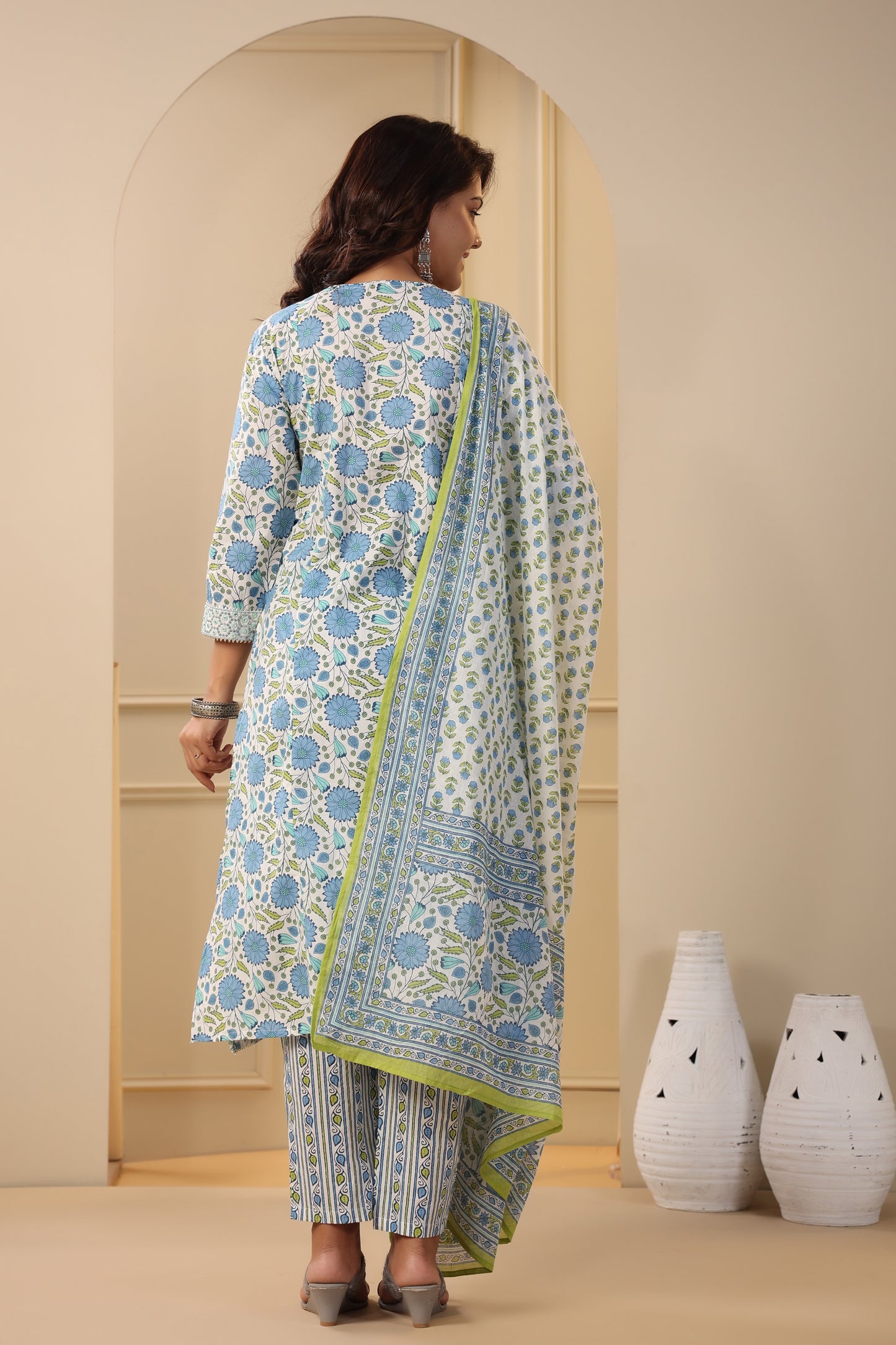 PUKHYA BLUE PRINTED EMBROIDERED STRAIGHT FIT KURTA WITH PANT AND VOILE PRINTED DUPATTA