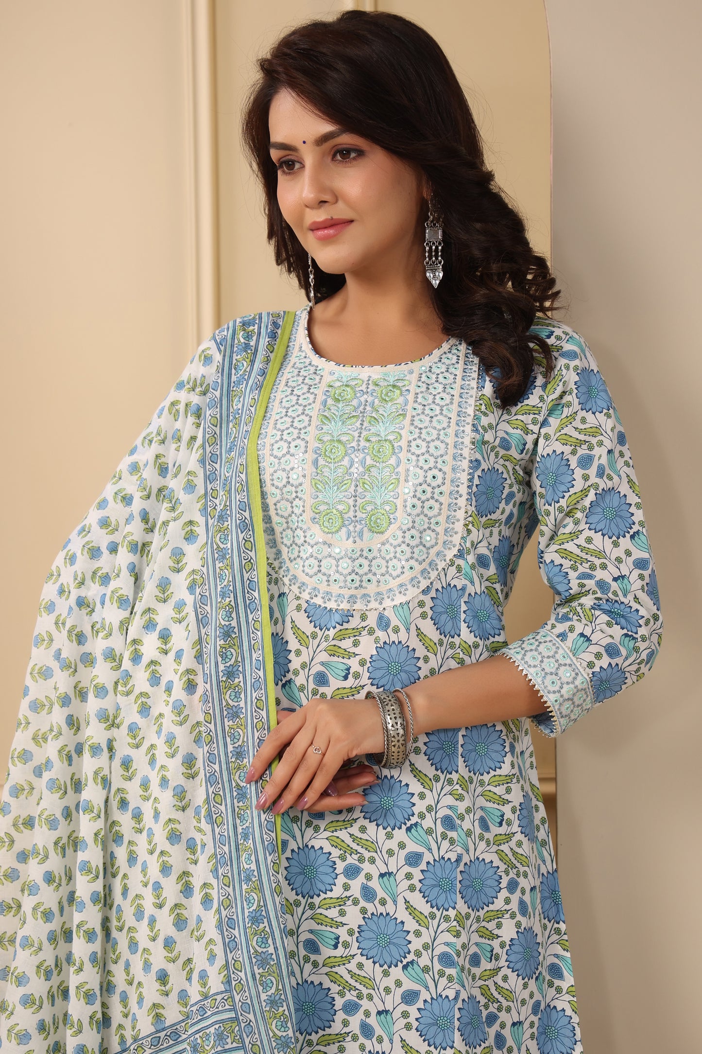 PUKHYA BLUE PRINTED EMBROIDERED STRAIGHT FIT KURTA WITH PANT AND VOILE PRINTED DUPATTA