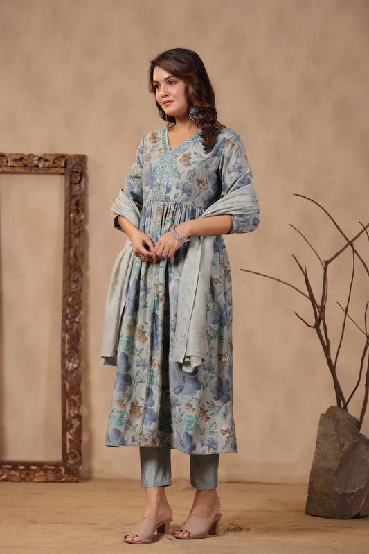 PUKHYA GREY PRINTED EMBROIDERED FLARED KURTA WITH PANT AND CHANDERI DUPATTA