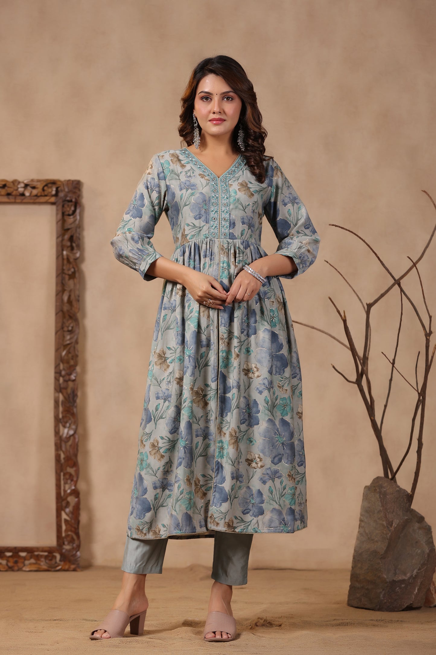 PUKHYA GREY PRINTED EMBROIDERED FLARED KURTA WITH PANT AND CHANDERI DUPATTA