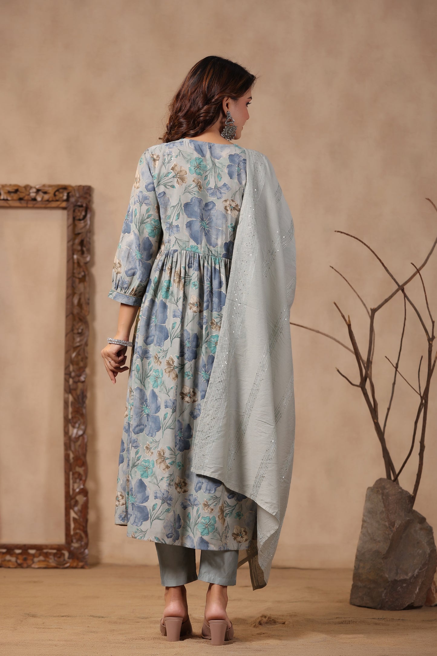 PUKHYA GREY PRINTED EMBROIDERED FLARED KURTA WITH PANT AND CHANDERI DUPATTA