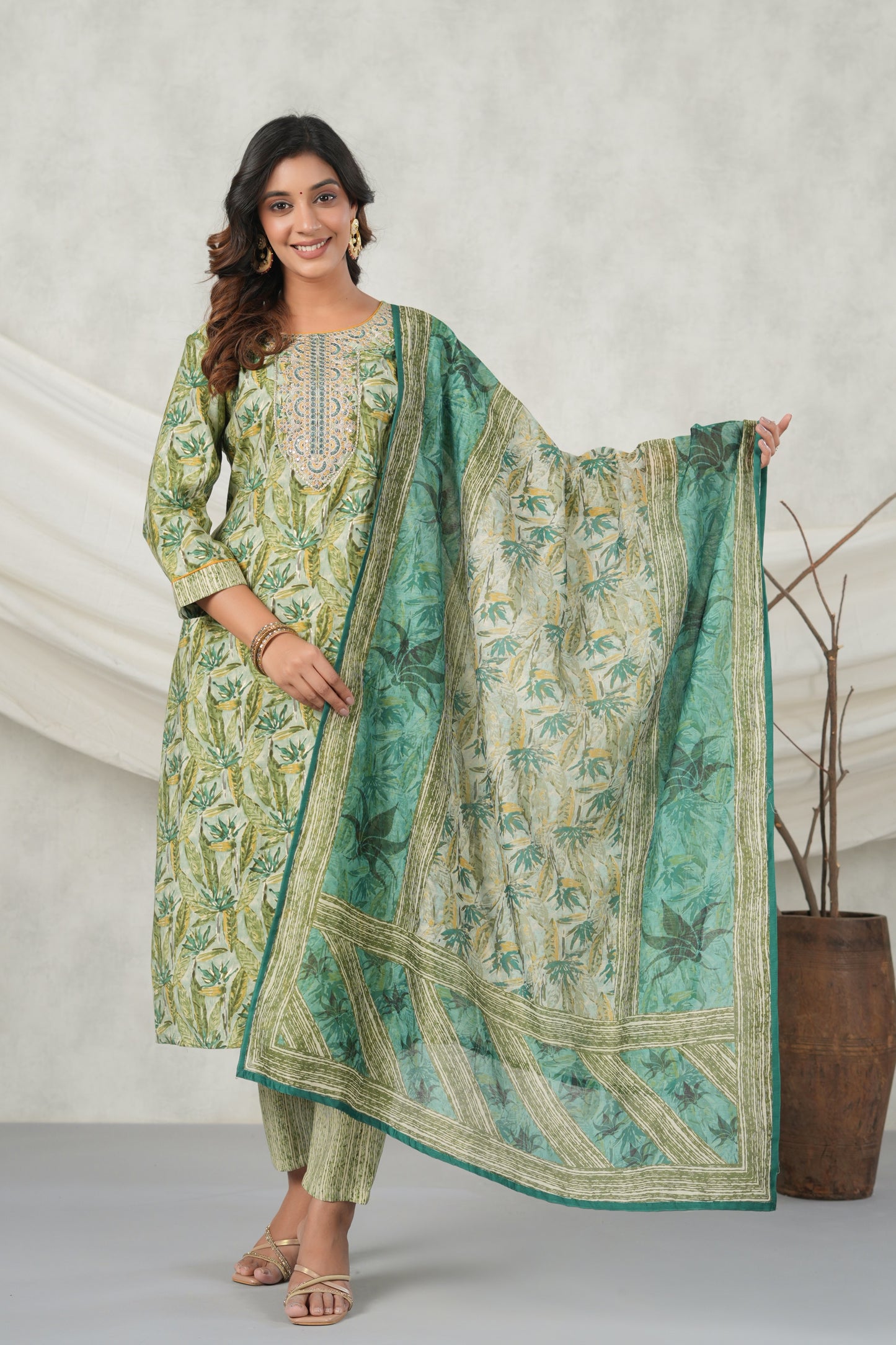 PUKHYA GREEN PRINTED EMBROIDERED STRAIGHT FIT KURTA WITH PANT AND CHANDERI PRINTED DUPATTA