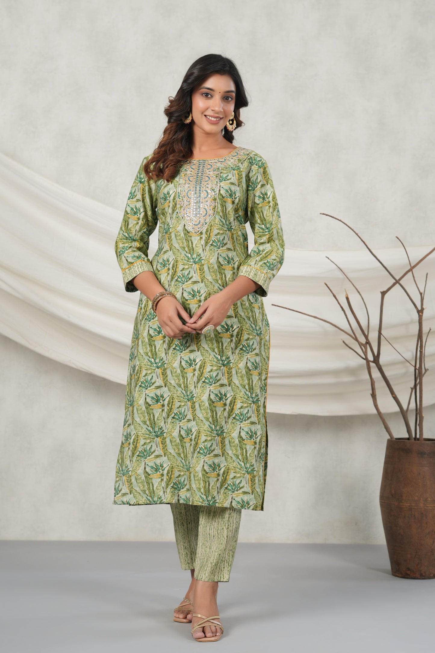 PUKHYA GREEN PRINTED EMBROIDERED STRAIGHT FIT KURTA WITH PANT AND CHANDERI PRINTED DUPATTA