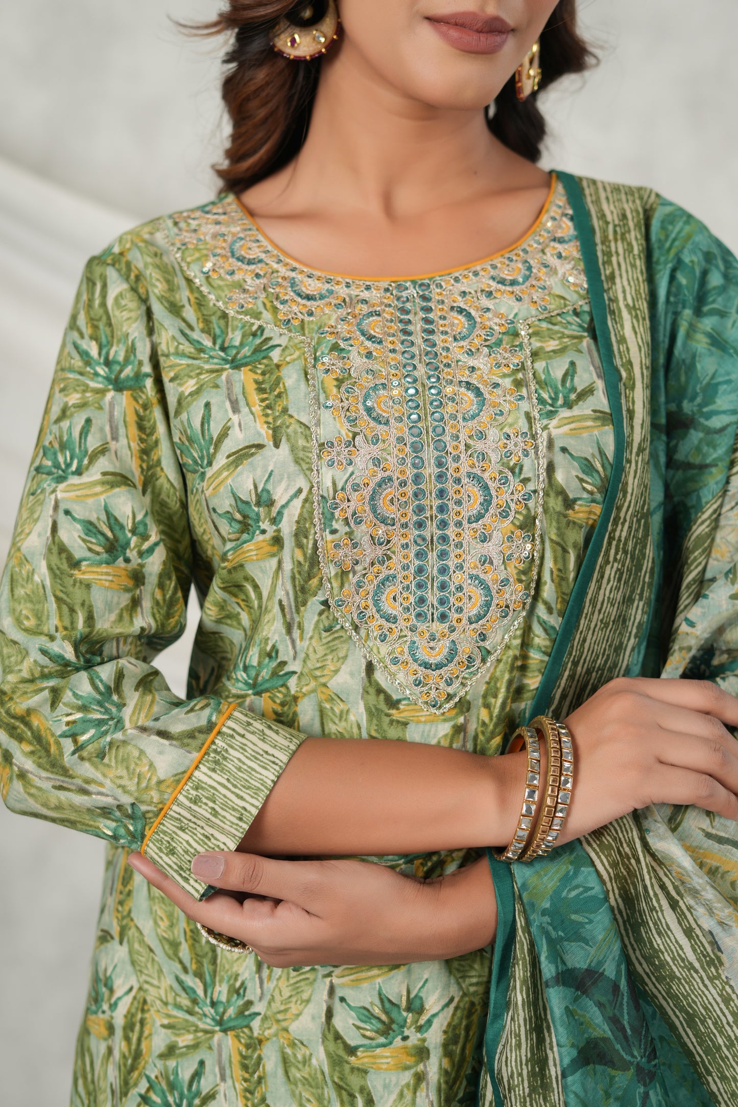 PUKHYA GREEN PRINTED EMBROIDERED STRAIGHT FIT KURTA WITH PANT AND CHANDERI PRINTED DUPATTA