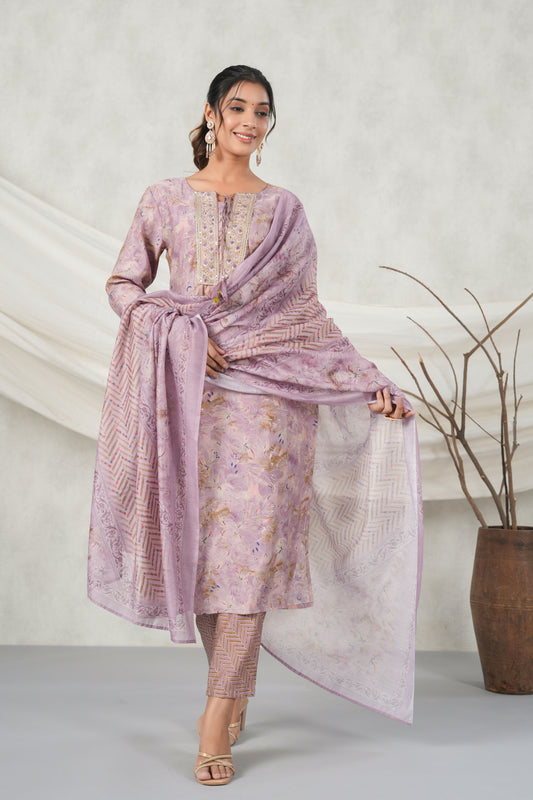 PUKHYA PURPLE EMBROIDERED STRAIGHT FIT KURTA WITH PANT AND CHANDERI PRINTED DUPATTTA