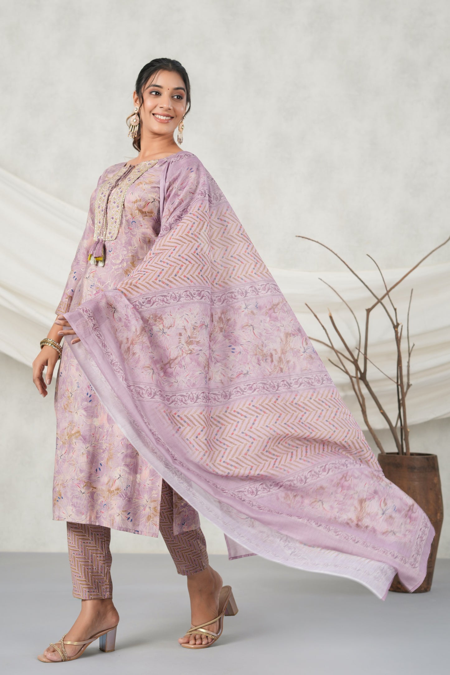 PUKHYA PURPLE EMBROIDERED STRAIGHT FIT KURTA WITH PANT AND CHANDERI PRINTED DUPATTTA