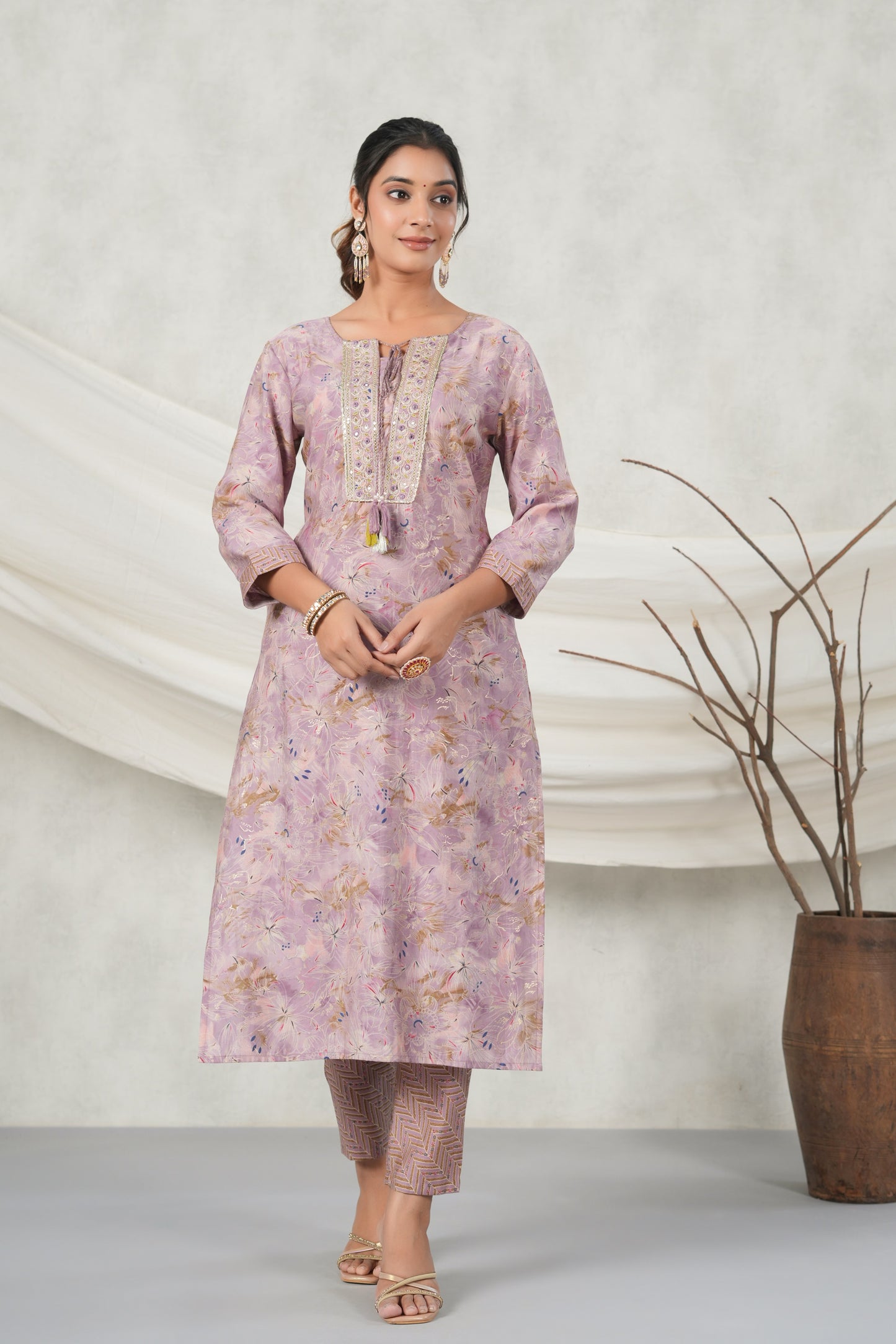 PUKHYA PURPLE EMBROIDERED STRAIGHT FIT KURTA WITH PANT AND CHANDERI PRINTED DUPATTTA