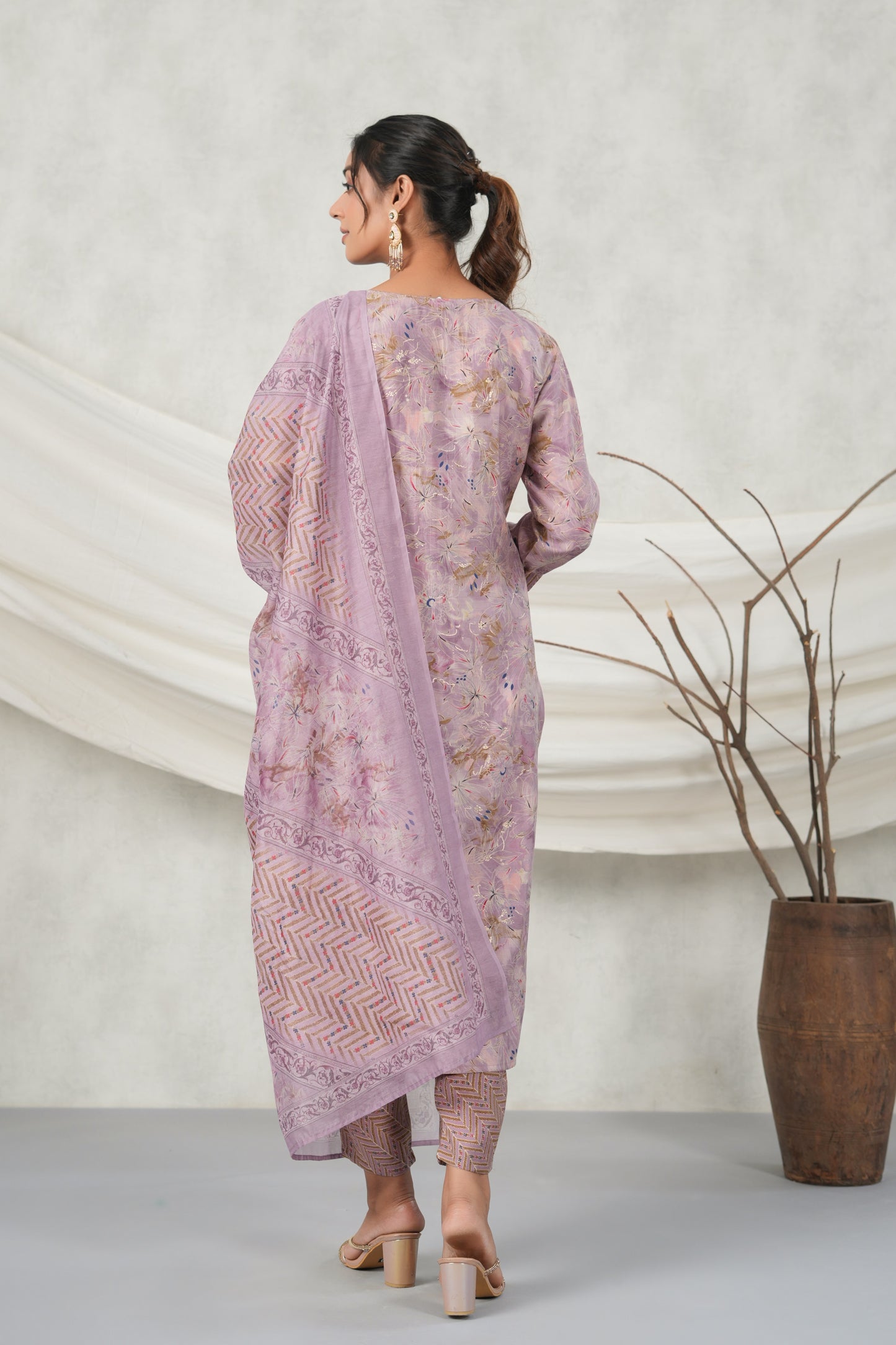 PUKHYA PURPLE EMBROIDERED STRAIGHT FIT KURTA WITH PANT AND CHANDERI PRINTED DUPATTTA