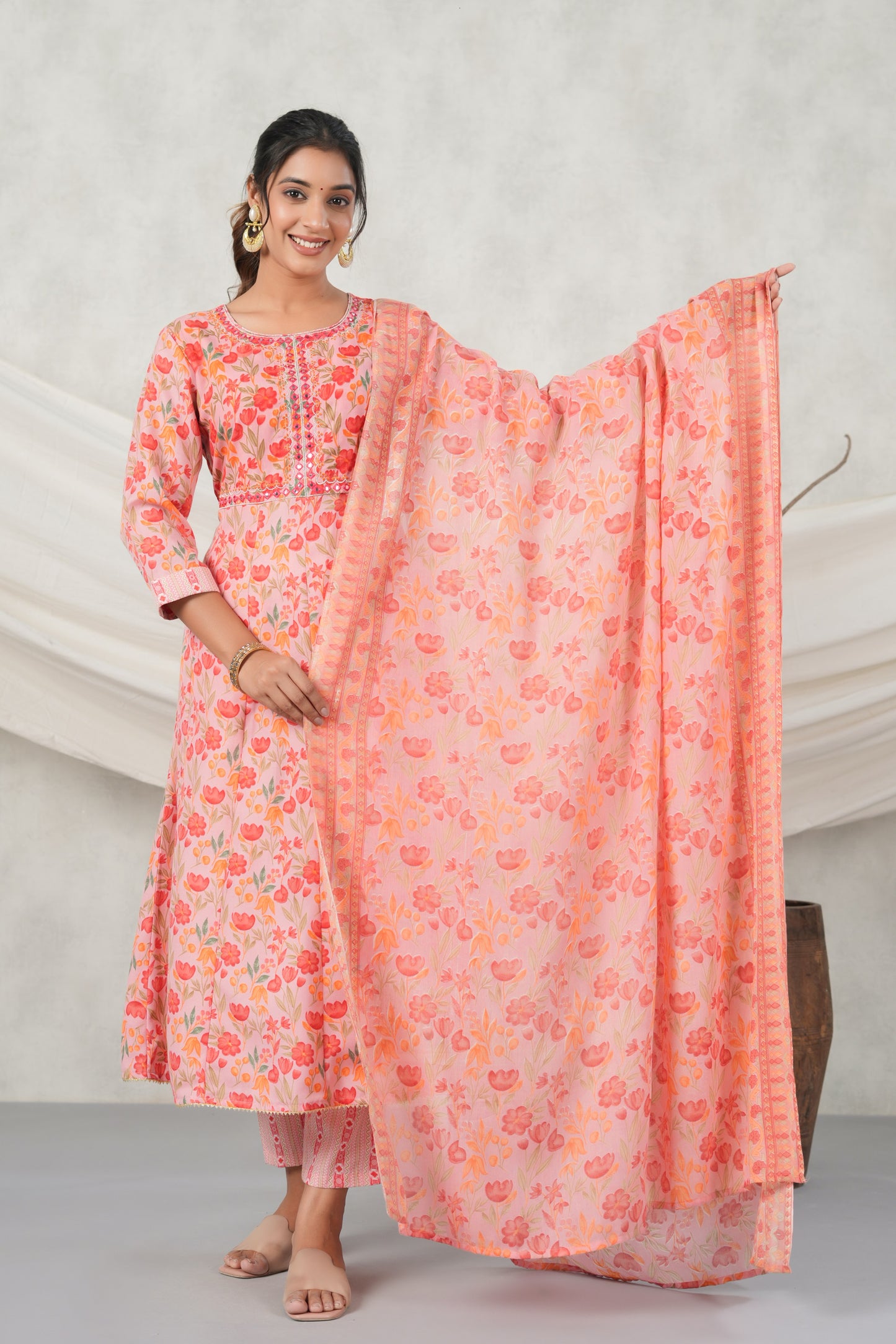 PUKHYA GAJRI EMBROIDERED FLARED KURTA WITH PANT AND VOILE PRINTED DUPATTA