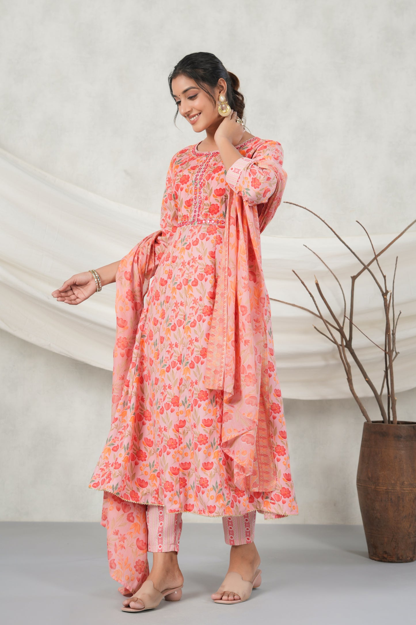 PUKHYA GAJRI EMBROIDERED FLARED KURTA WITH PANT AND VOILE PRINTED DUPATTA