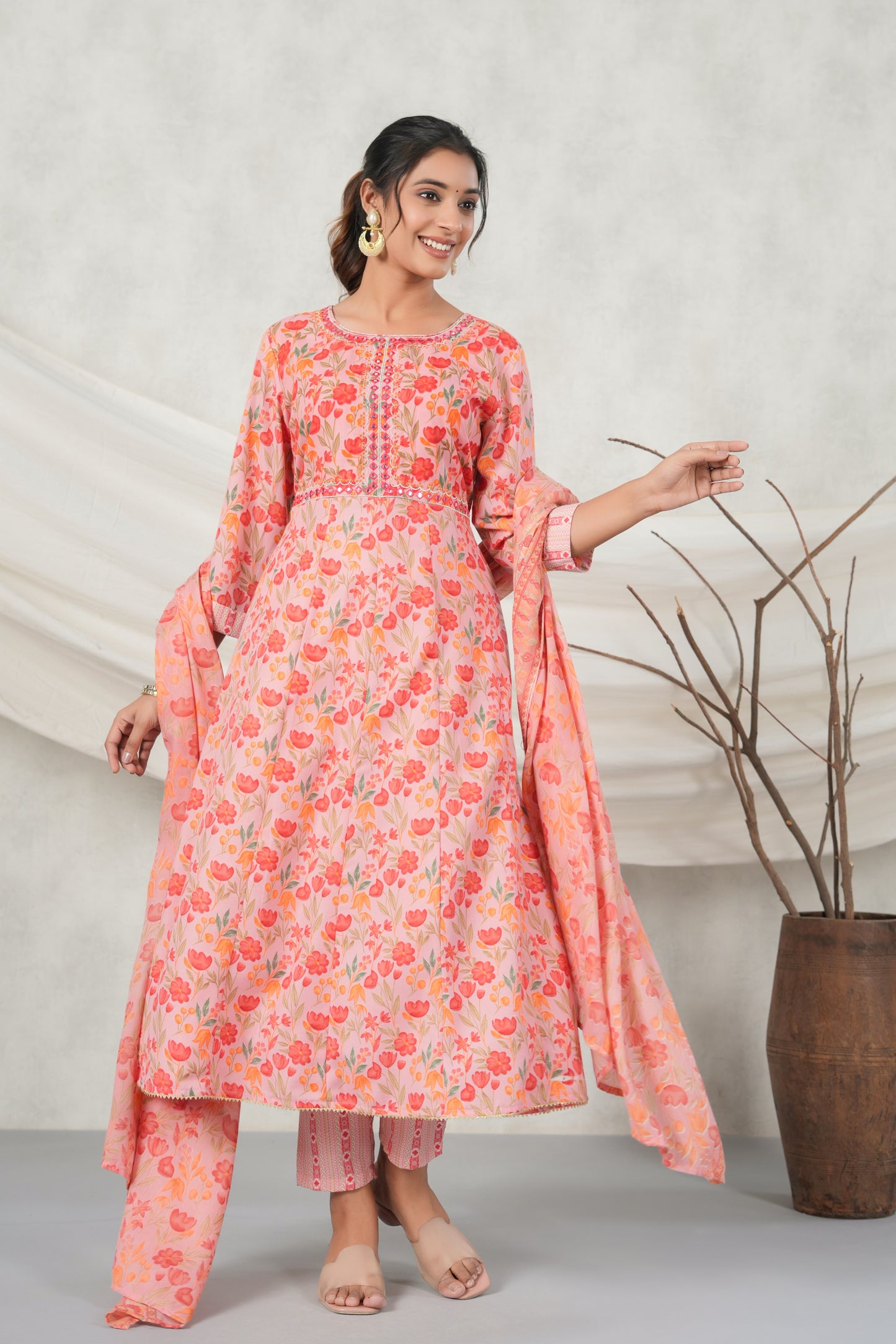 PUKHYA GAJRI EMBROIDERED FLARED KURTA WITH PANT AND VOILE PRINTED DUPATTA