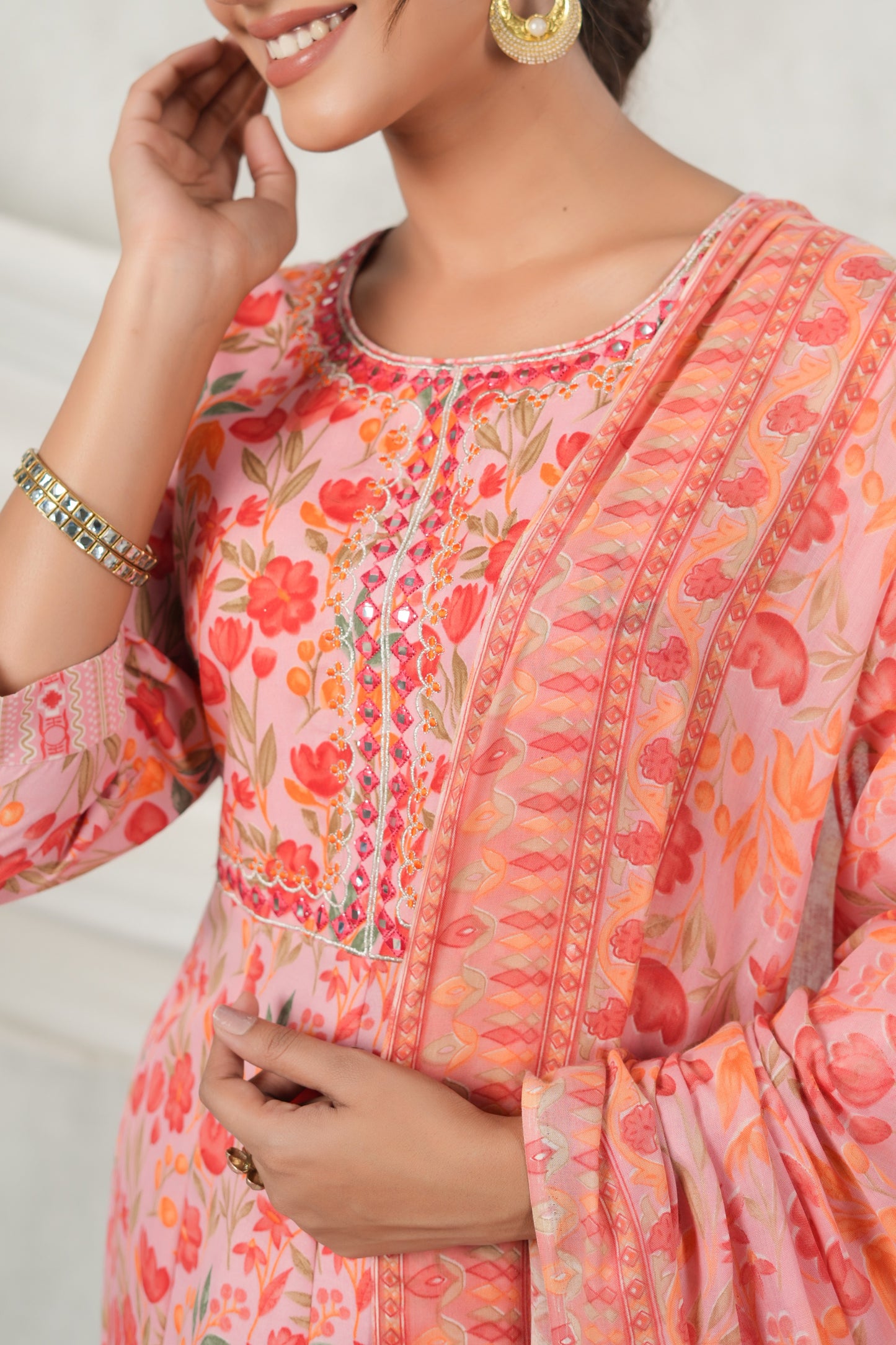 PUKHYA GAJRI EMBROIDERED FLARED KURTA WITH PANT AND VOILE PRINTED DUPATTA