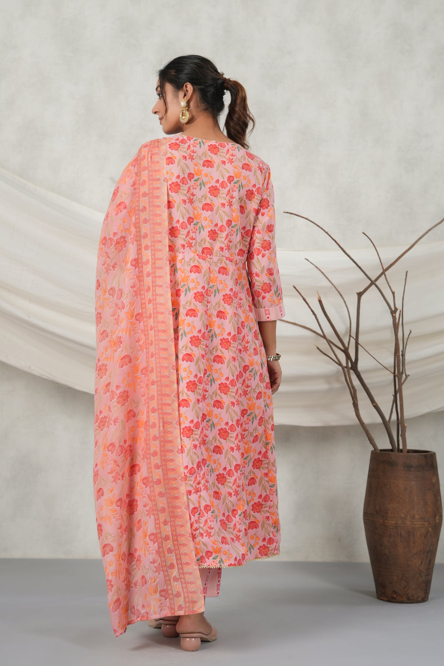 PUKHYA GAJRI EMBROIDERED FLARED KURTA WITH PANT AND VOILE PRINTED DUPATTA